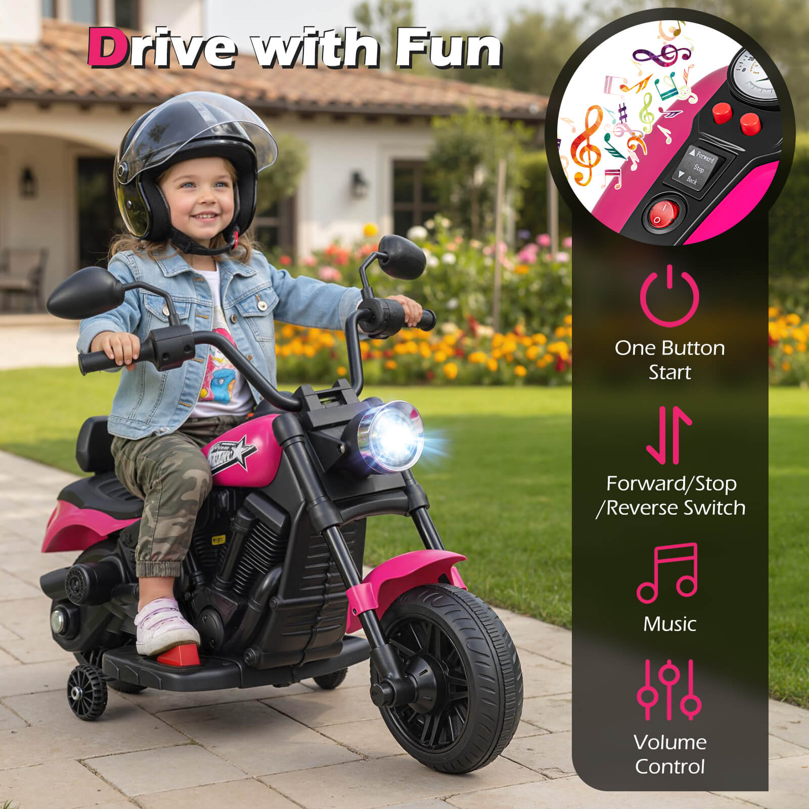 6V Kids Motorcycle with Headlight and Music and Training Wheels, Pink Powered Ride On Toys at Gallery Canada