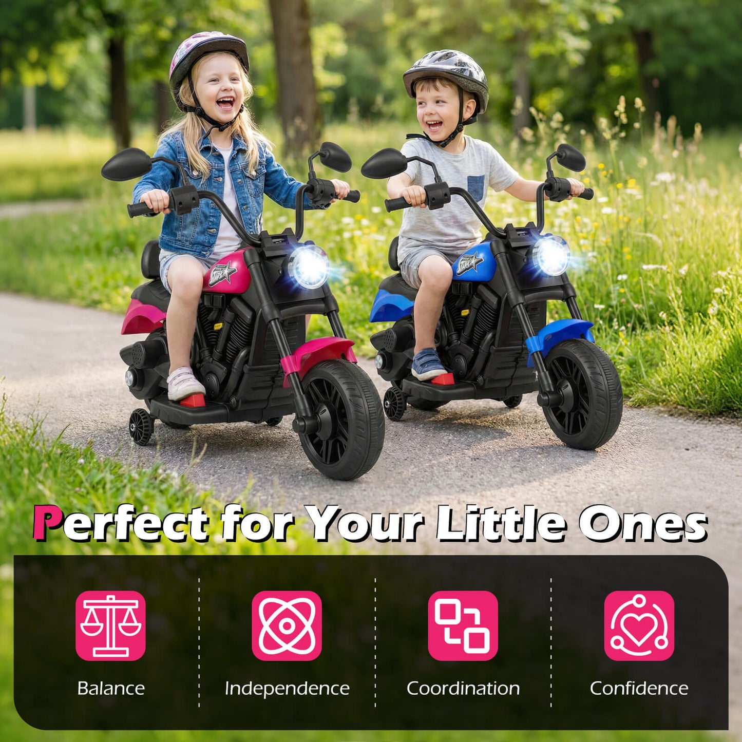 6V Kids Motorcycle with Headlight and Music and Training Wheels, Pink Powered Ride On Toys at Gallery Canada