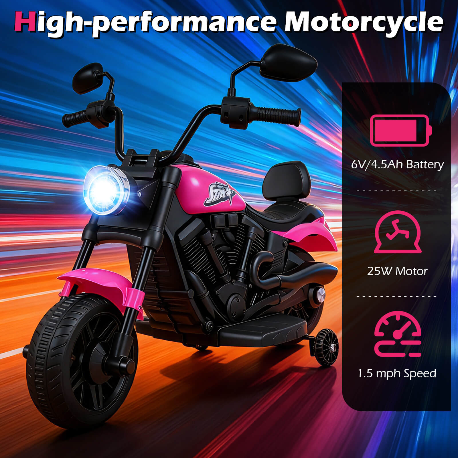 6V Kids Motorcycle with Headlight and Music and Training Wheels, Pink Powered Ride On Toys at Gallery Canada
