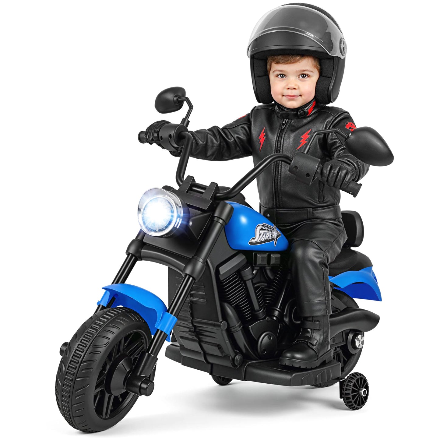 6V Kids Motorcycle with Headlight and Music and Training Wheels, Navy Powered Ride On Toys at Gallery Canada