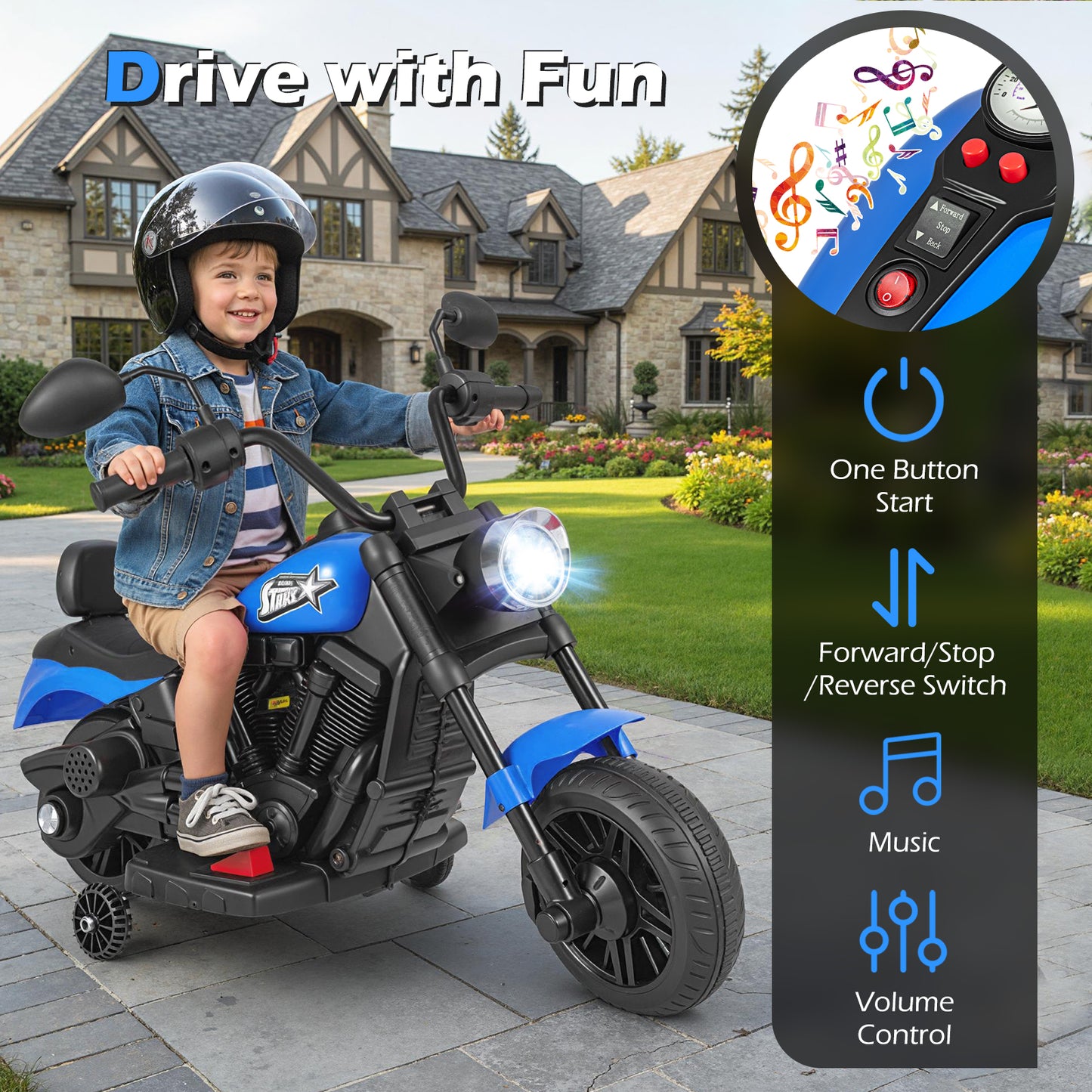6V Kids Motorcycle with Headlight and Music and Training Wheels, Navy Powered Ride On Toys at Gallery Canada