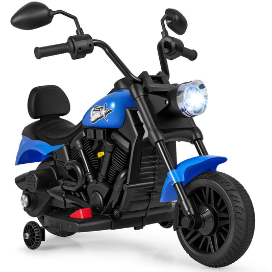 6V Kids Motorcycle with Headlight and Music and Training Wheels, Navy Powered Ride On Toys Navy at Gallery Canada