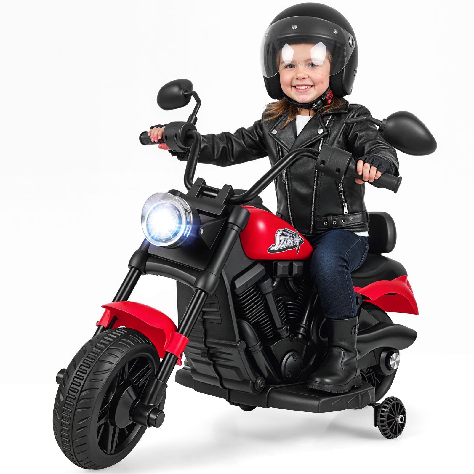 6V Kids Motorcycle with Headlight and Music and Training Wheels, Red Powered Ride On Toys at Gallery Canada