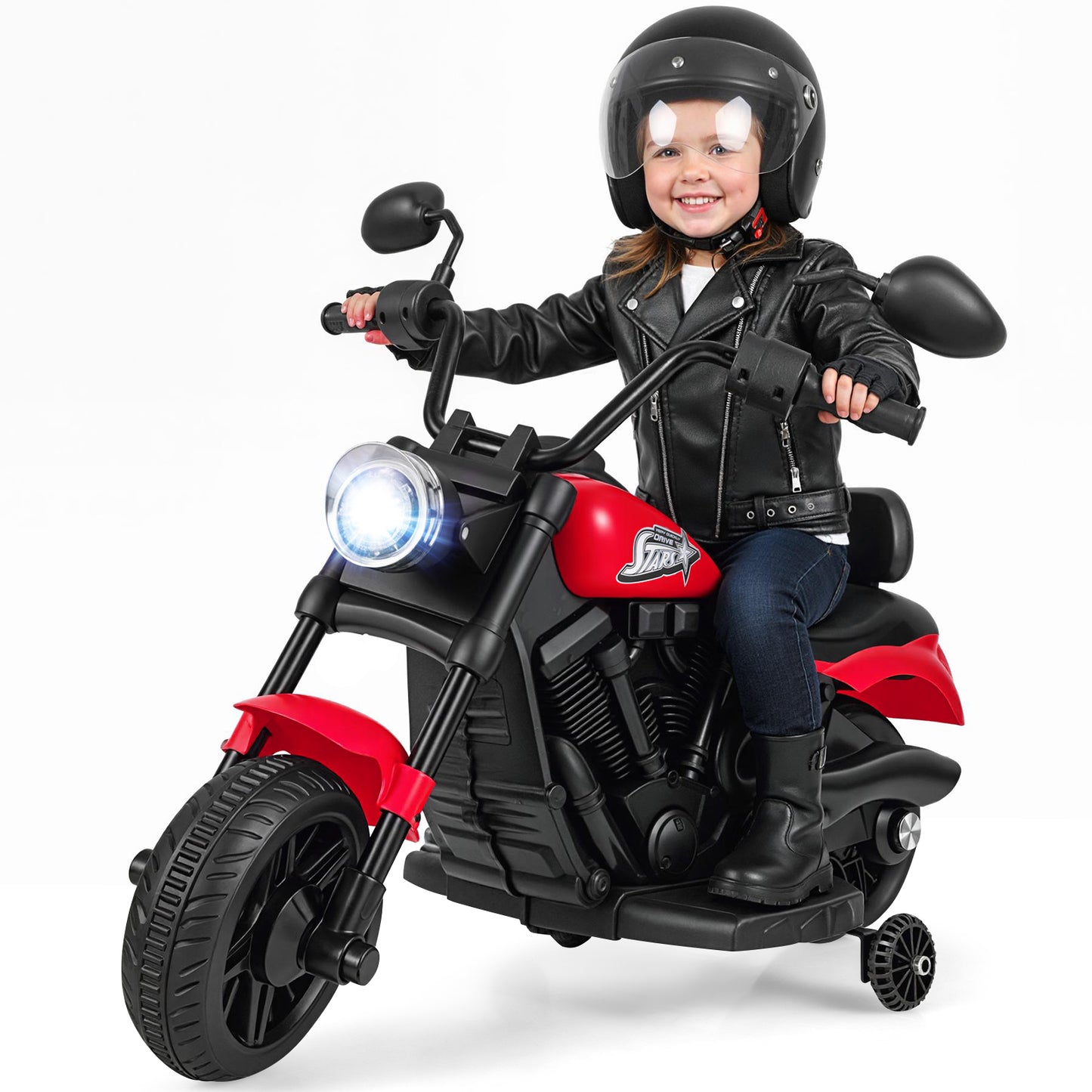 6V Kids Motorcycle with Headlight and Music and Training Wheels, Red Powered Ride On Toys at Gallery Canada