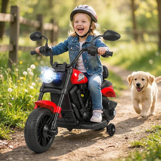 6V Kids Motorcycle with Headlight and Music and Training Wheels, Red Powered Ride On Toys Red at Gallery Canada