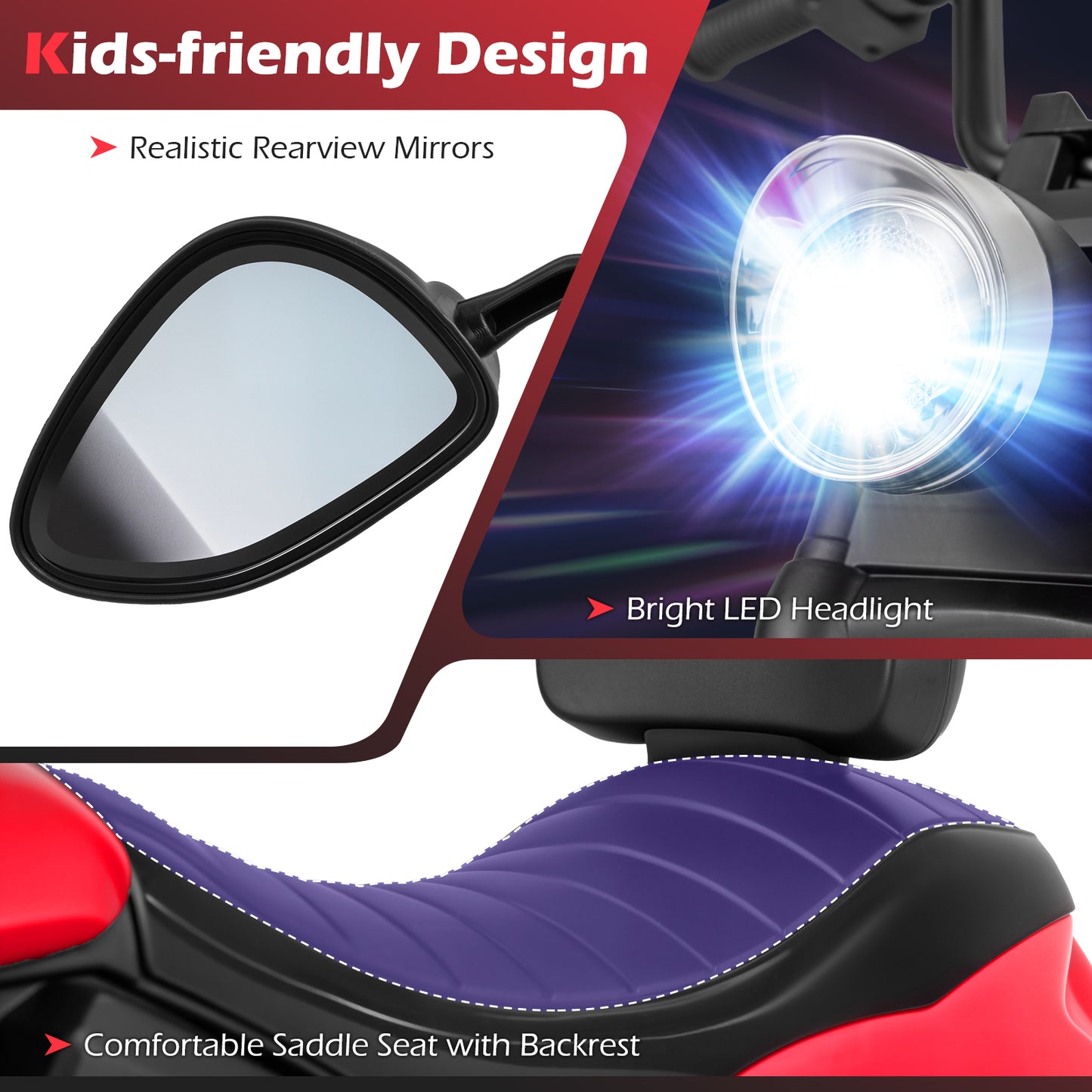 6V Kids Motorcycle with Headlight and Music and Training Wheels, Red Powered Ride On Toys at Gallery Canada