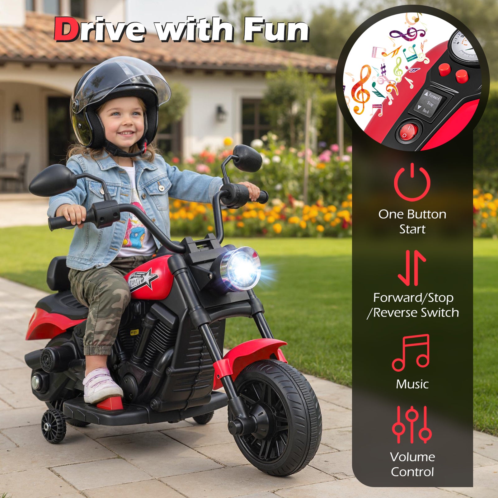 6V Kids Motorcycle with Headlight and Music and Training Wheels, Red Powered Ride On Toys at Gallery Canada