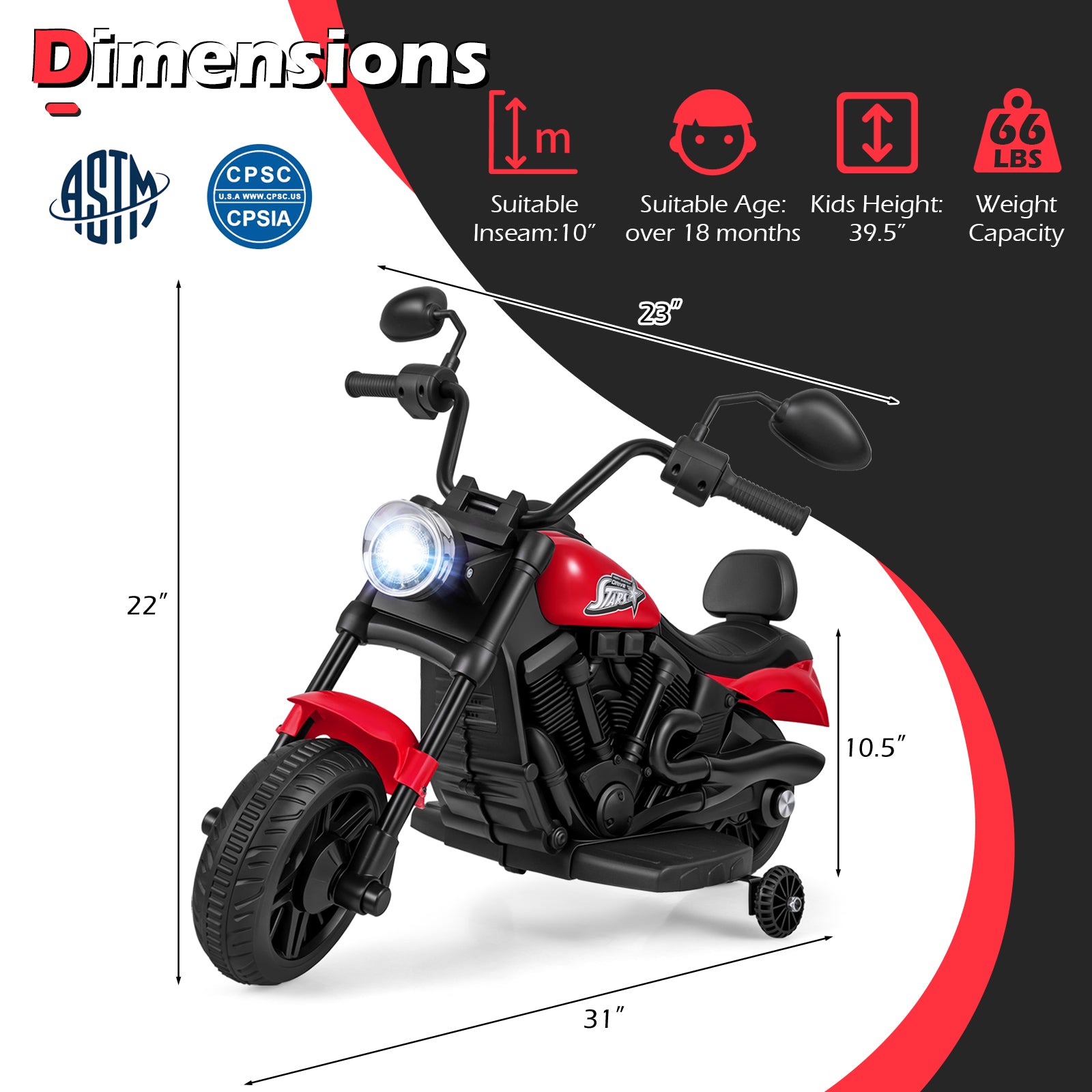 6V Kids Motorcycle with Headlight and Music and Training Wheels, Red Powered Ride On Toys at Gallery Canada