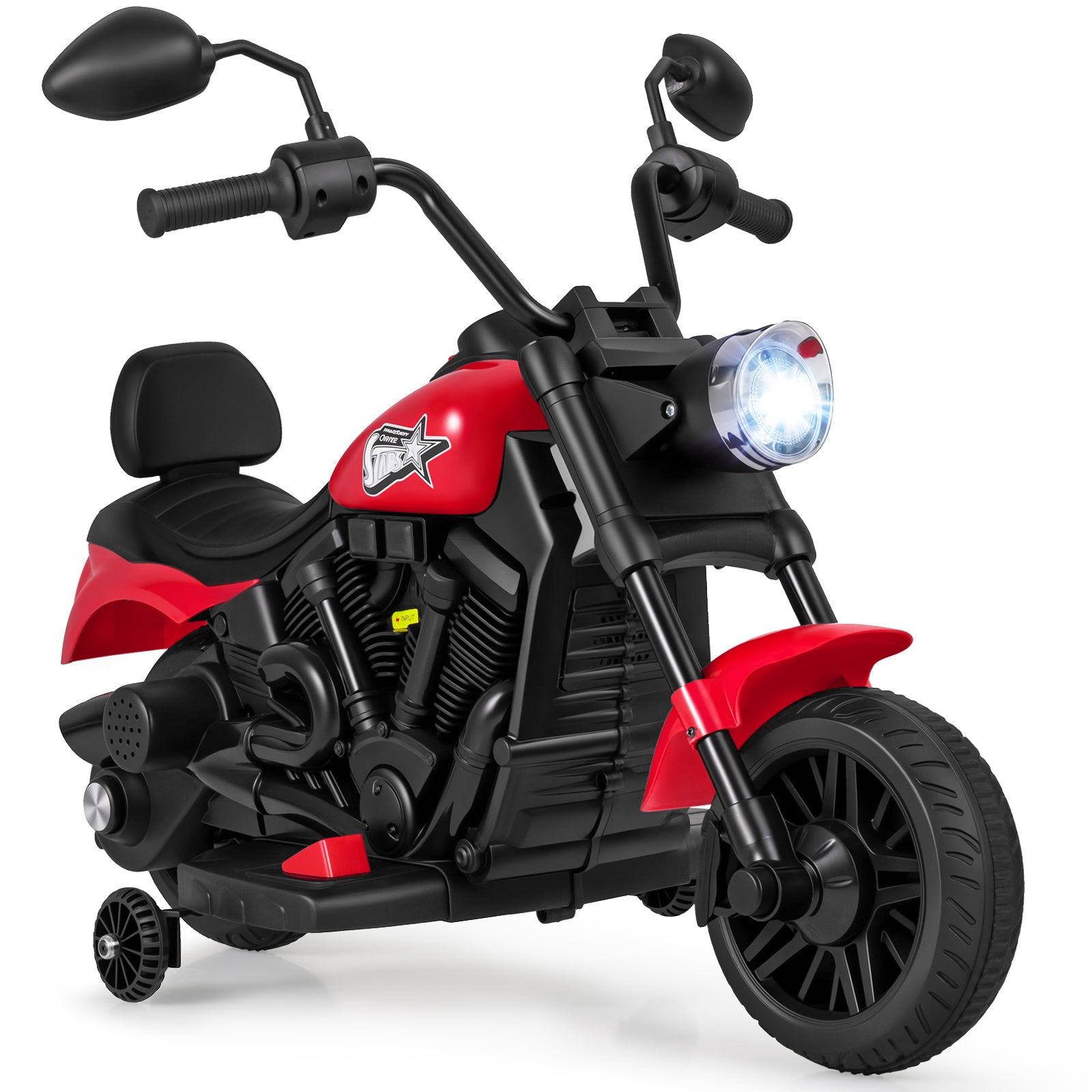 6V Kids Motorcycle with Headlight and Music and Training Wheels, Red Powered Ride On Toys at Gallery Canada