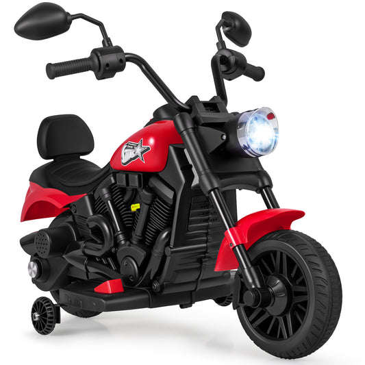 6V Kids Motorcycle with Headlight and Music and Training Wheels, Red Powered Ride On Toys Red at Gallery Canada