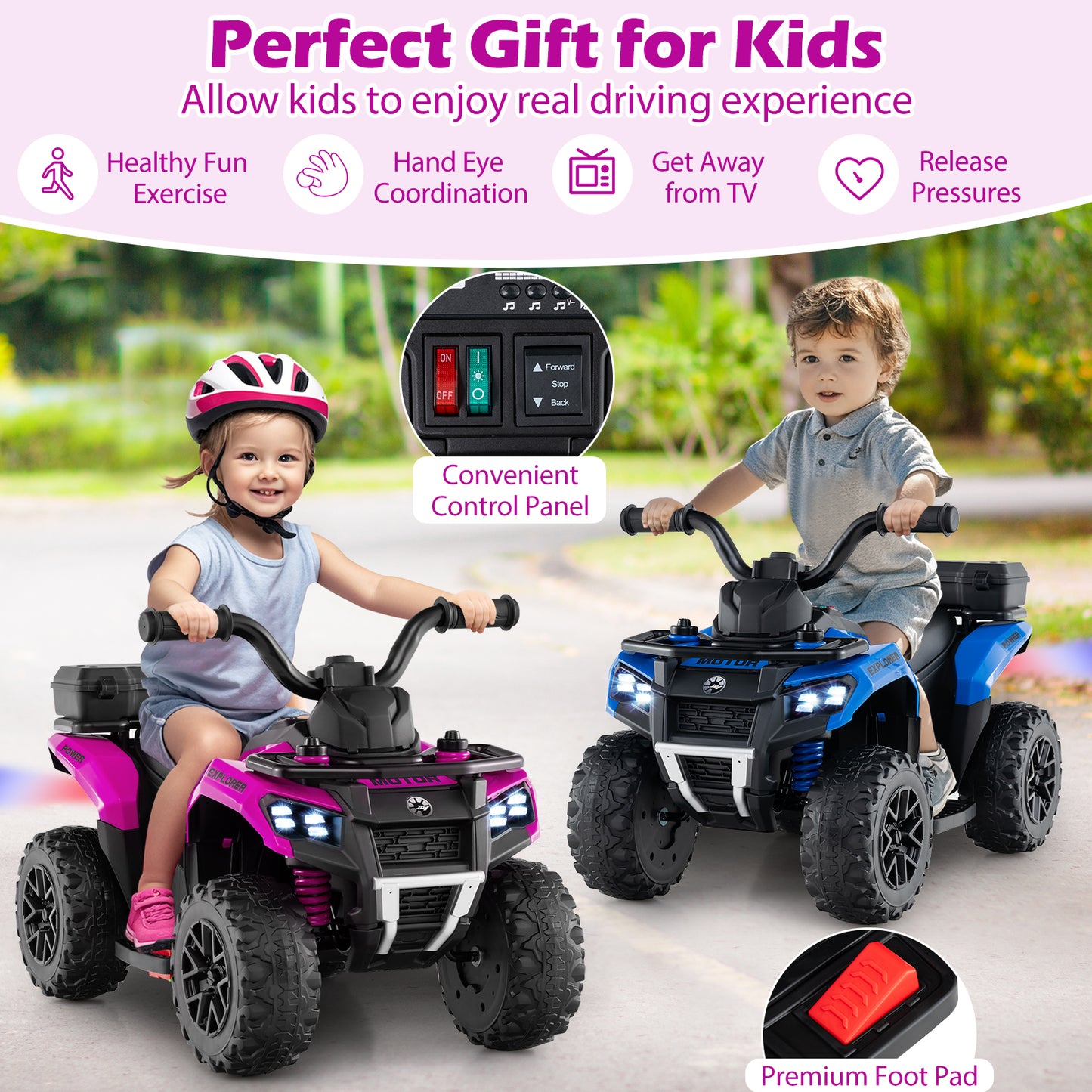 6V Kids Ride On ATV With Spray Function, Storage Box, Music, Pink Powered Ride On Toys at Gallery Canada