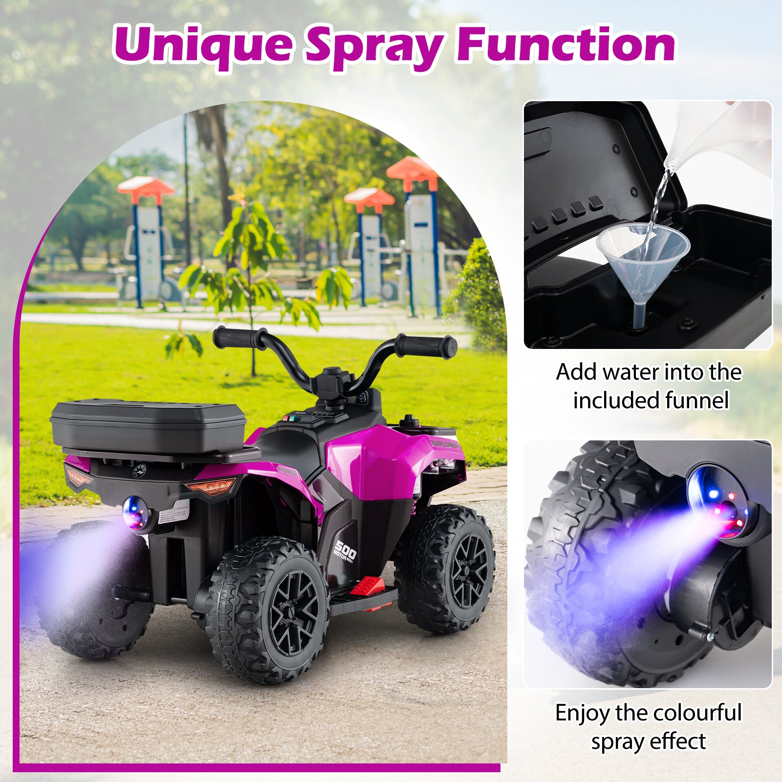 6V Kids Ride On ATV With Spray Function, Storage Box, Music, Pink Powered Ride On Toys at Gallery Canada