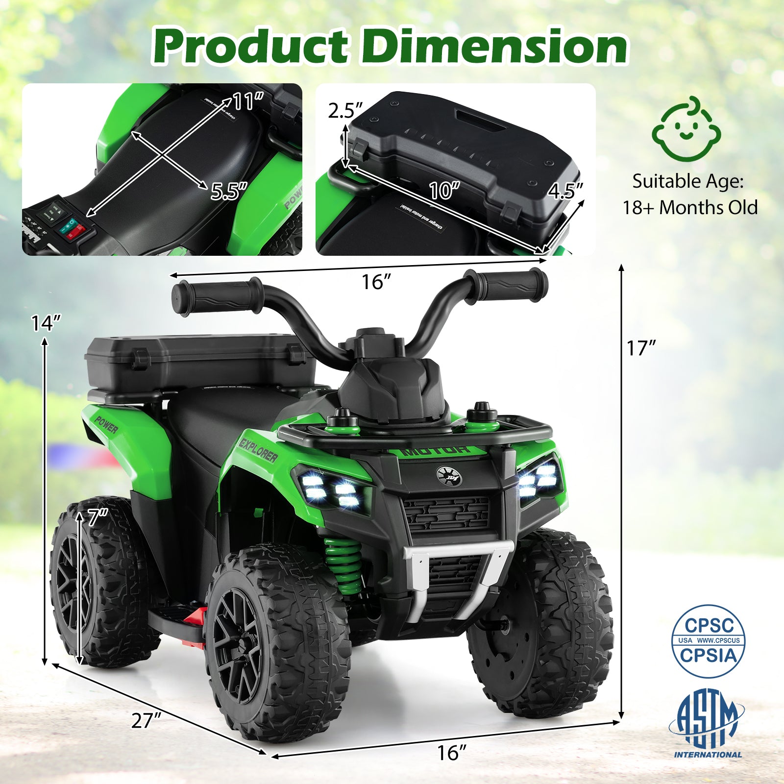 6V Kids Ride On ATV, Spray Function, Storage Box, Music, Green Powered Ride On Toys at Gallery Canada