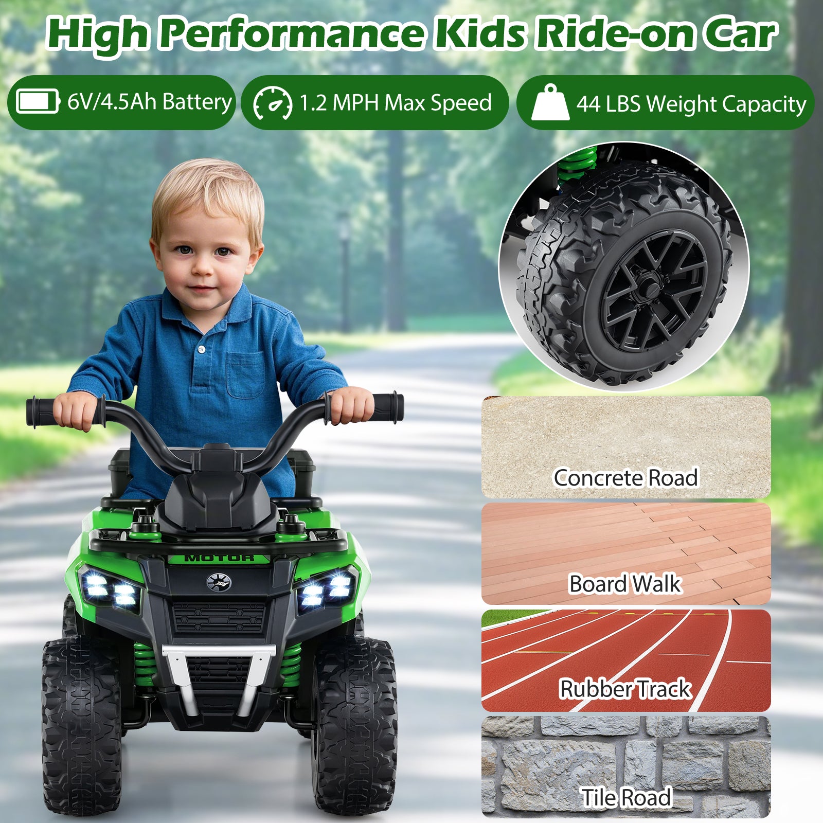6V Kids Ride On ATV, Spray Function, Storage Box, Music, Green Powered Ride On Toys at Gallery Canada