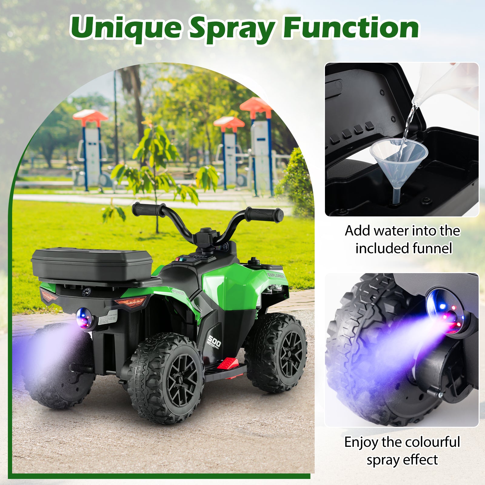 6V Kids Ride On ATV, Spray Function, Storage Box, Music, Green Powered Ride On Toys at Gallery Canada