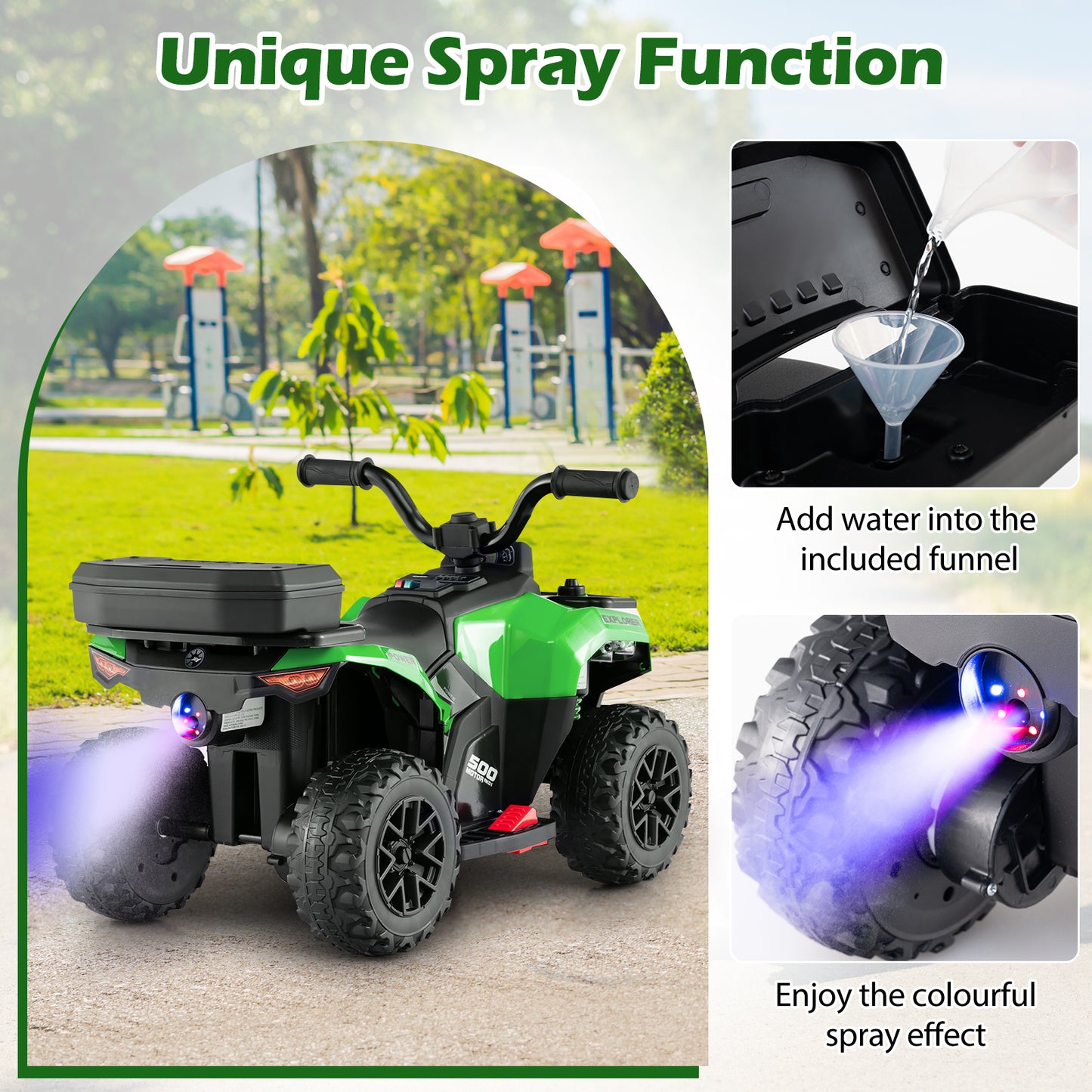 6V Kids Ride On ATV, Spray Function, Storage Box, Music, Green Powered Ride On Toys at Gallery Canada