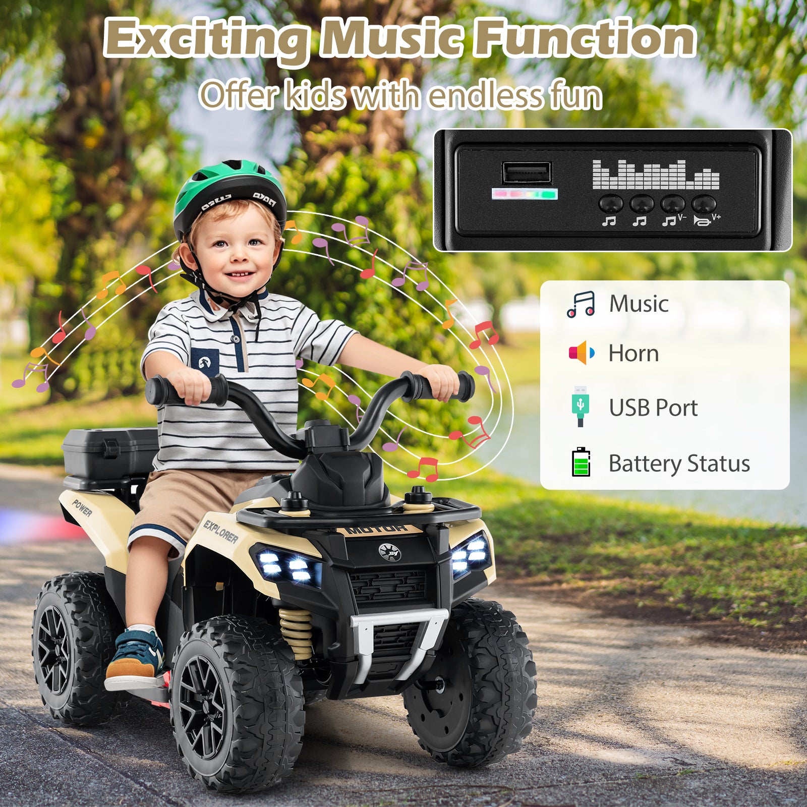 6V Kids Ride On ATV, Spray Function, Storage Box, Music, Khaki Powered Ride On Toys at Gallery Canada