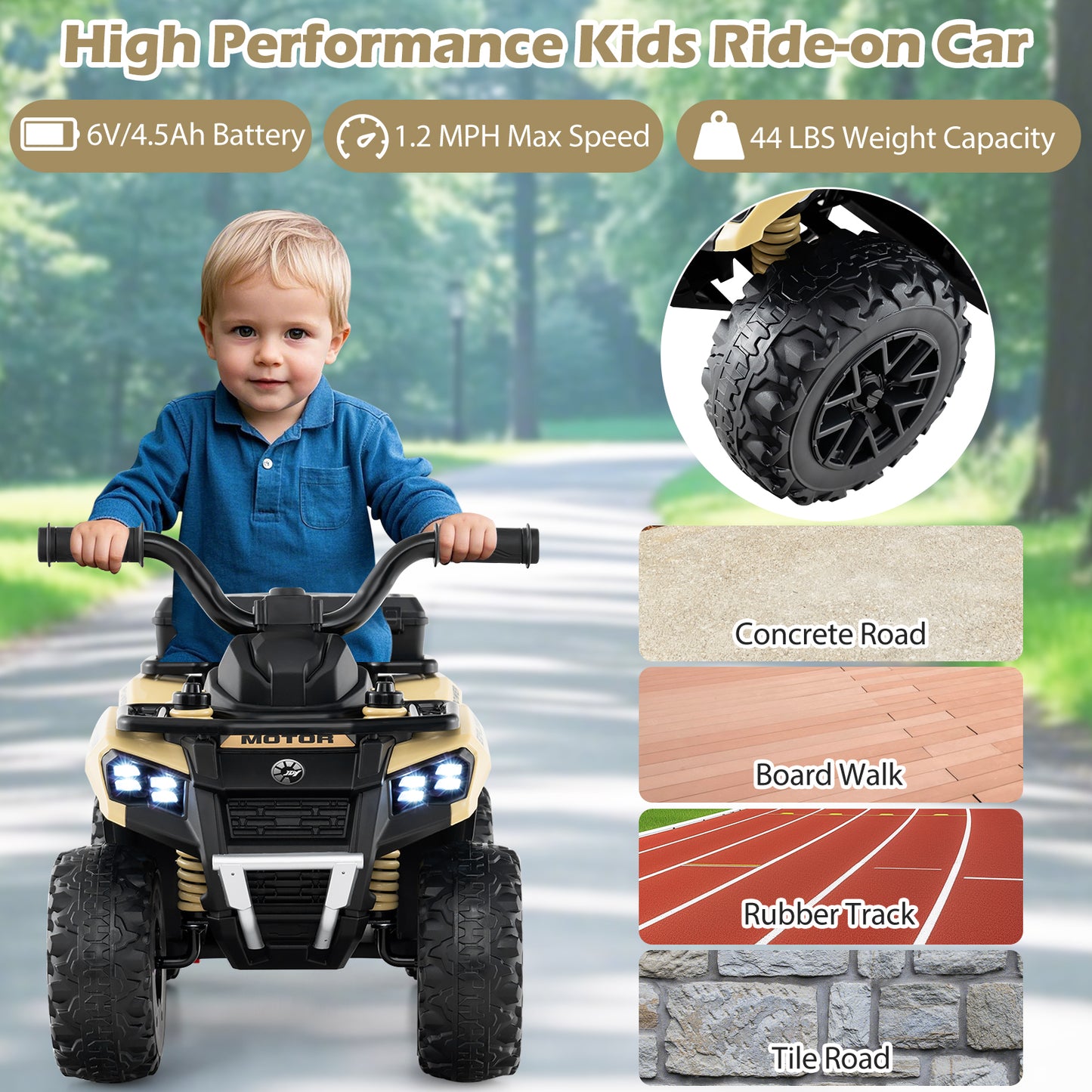 6V Kids Ride On ATV, Spray Function, Storage Box, Music, Khaki Powered Ride On Toys at Gallery Canada