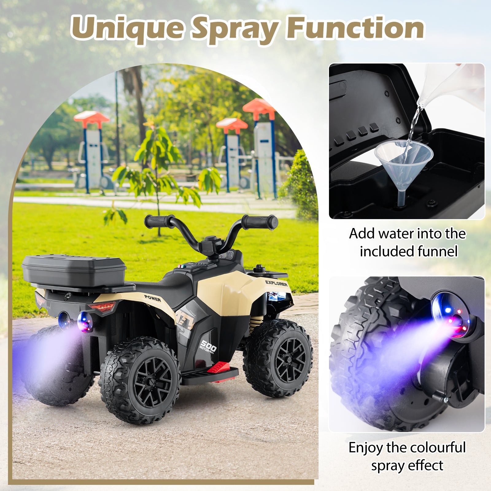 6V Kids Ride On ATV, Spray Function, Storage Box, Music, Khaki Powered Ride On Toys at Gallery Canada