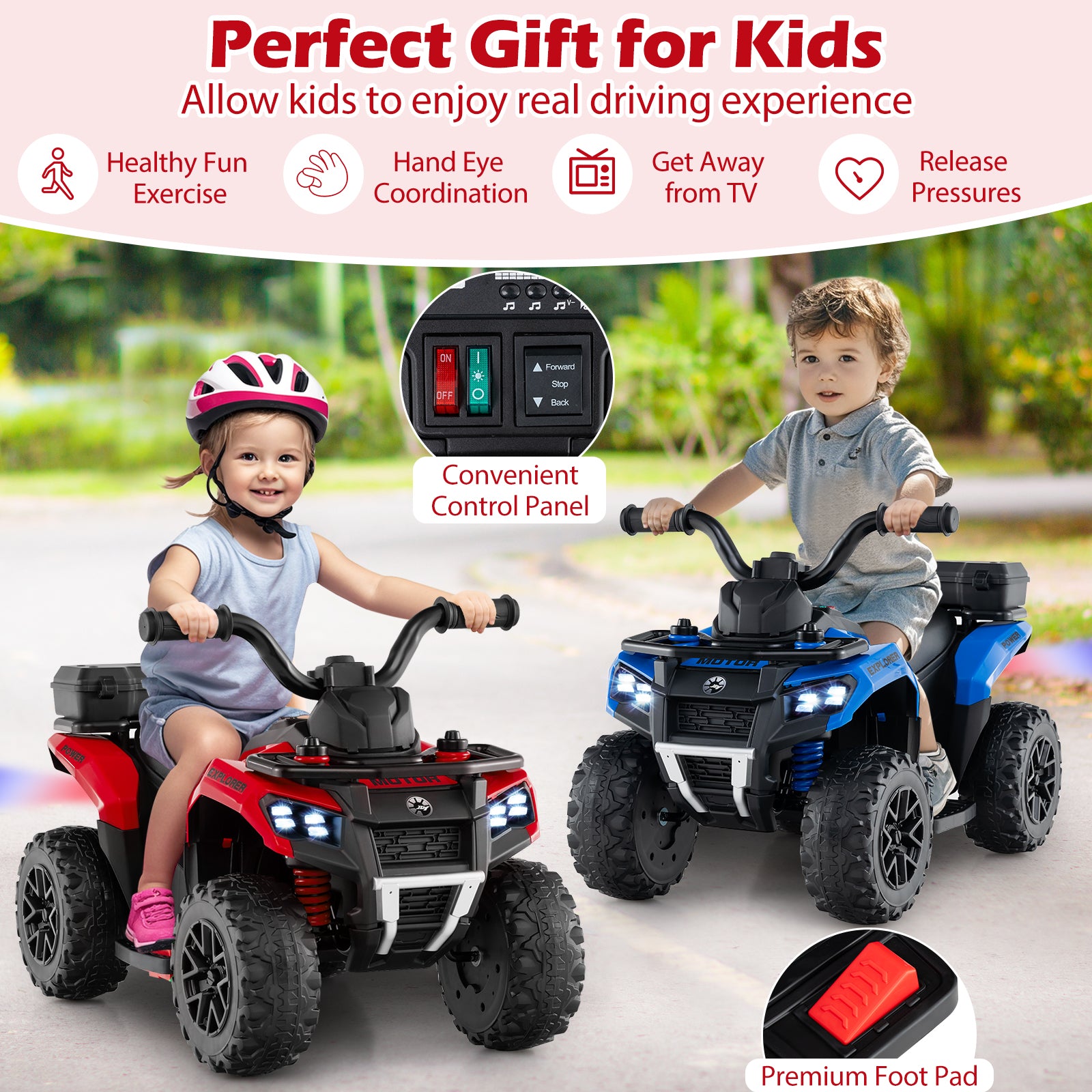 6V Kids Ride On ATV, Spray Function, Storage Box, Music, Red Powered Ride On Toys at Gallery Canada