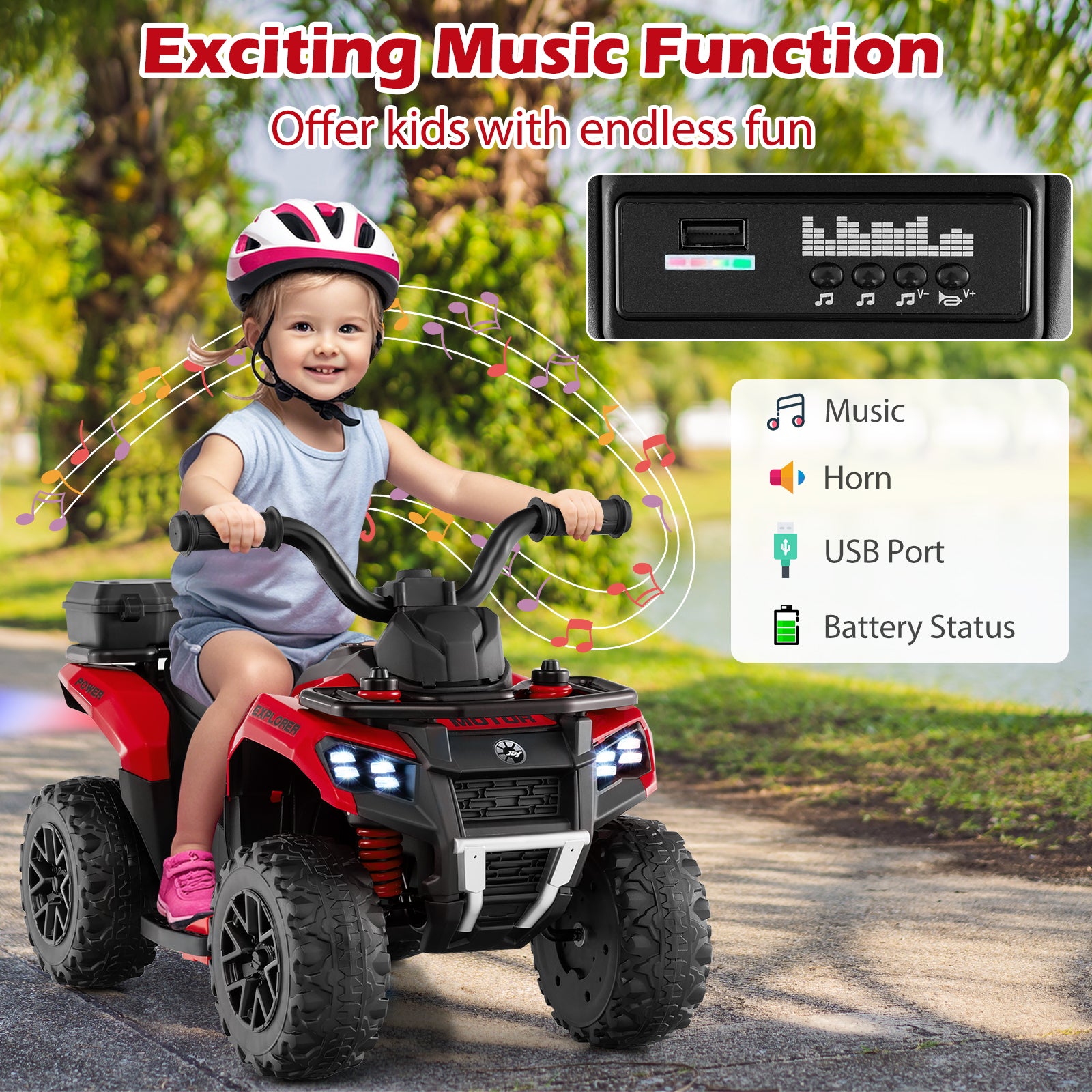 6V Kids Ride On ATV, Spray Function, Storage Box, Music, Red Powered Ride On Toys at Gallery Canada