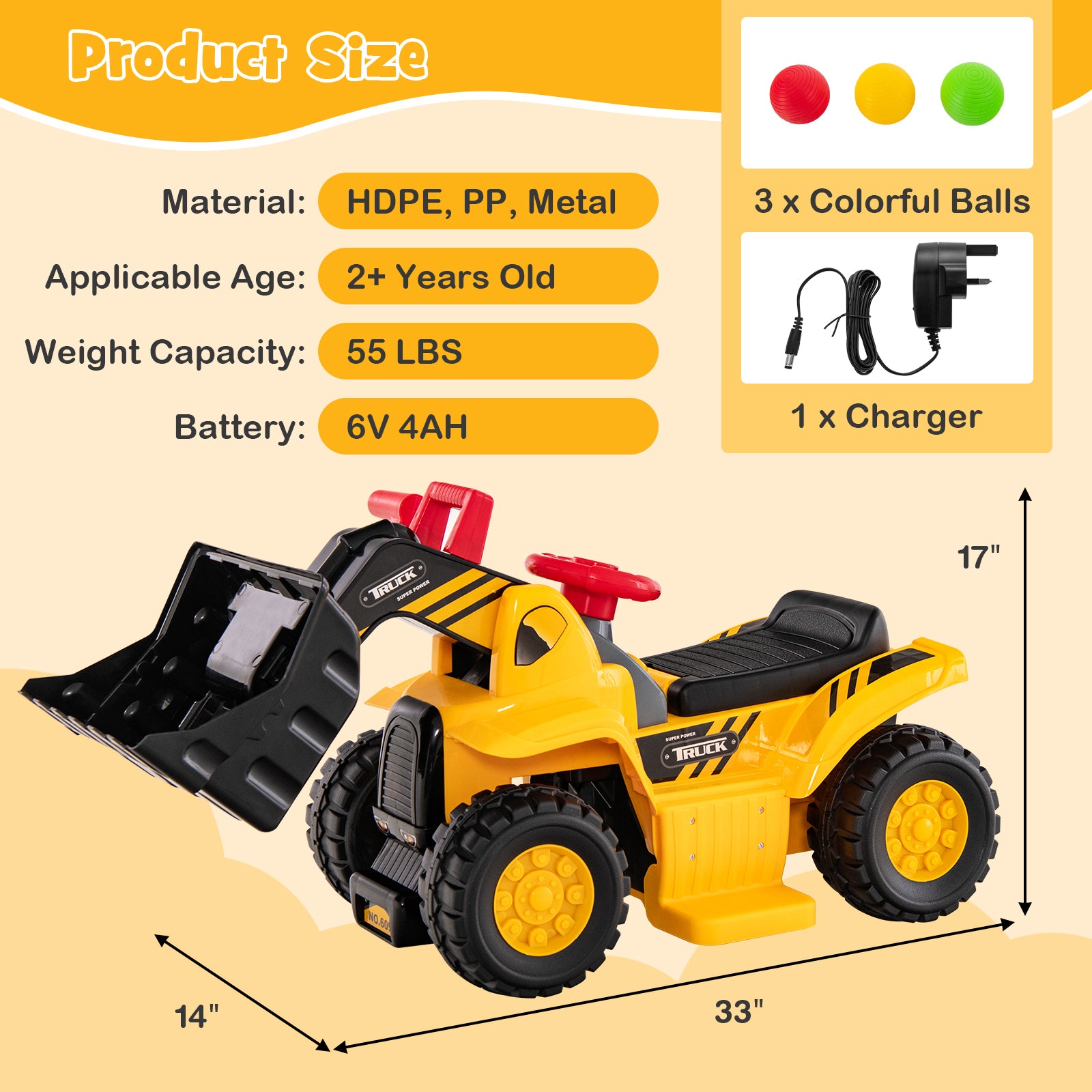 6V Kids Ride On Bulldozer, Folding Basketball Hoop, Yellow Powered Ride On Toys at Gallery Canada
