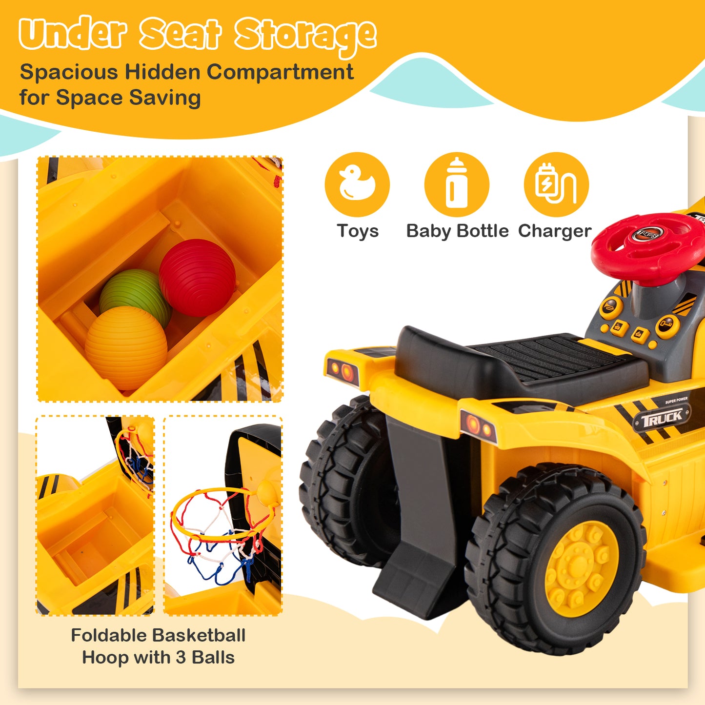 6V Kids Ride On Bulldozer, Folding Basketball Hoop, Yellow Powered Ride On Toys at Gallery Canada