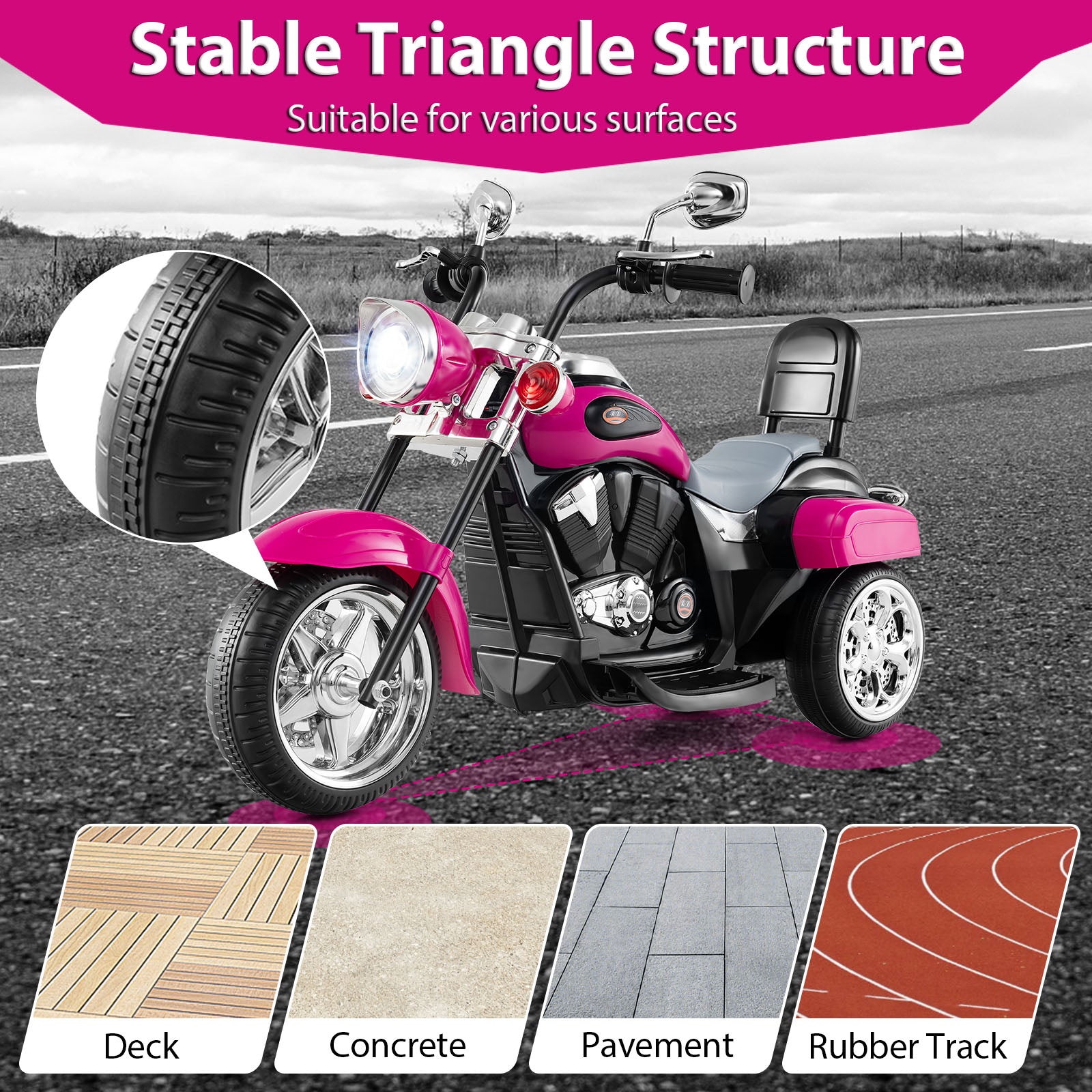 6V Powered Toddler 3-Wheel Motorbike Ride On Toy with Horn and Headlight, Hot Pink Powered Ride On Toys at Gallery Canada