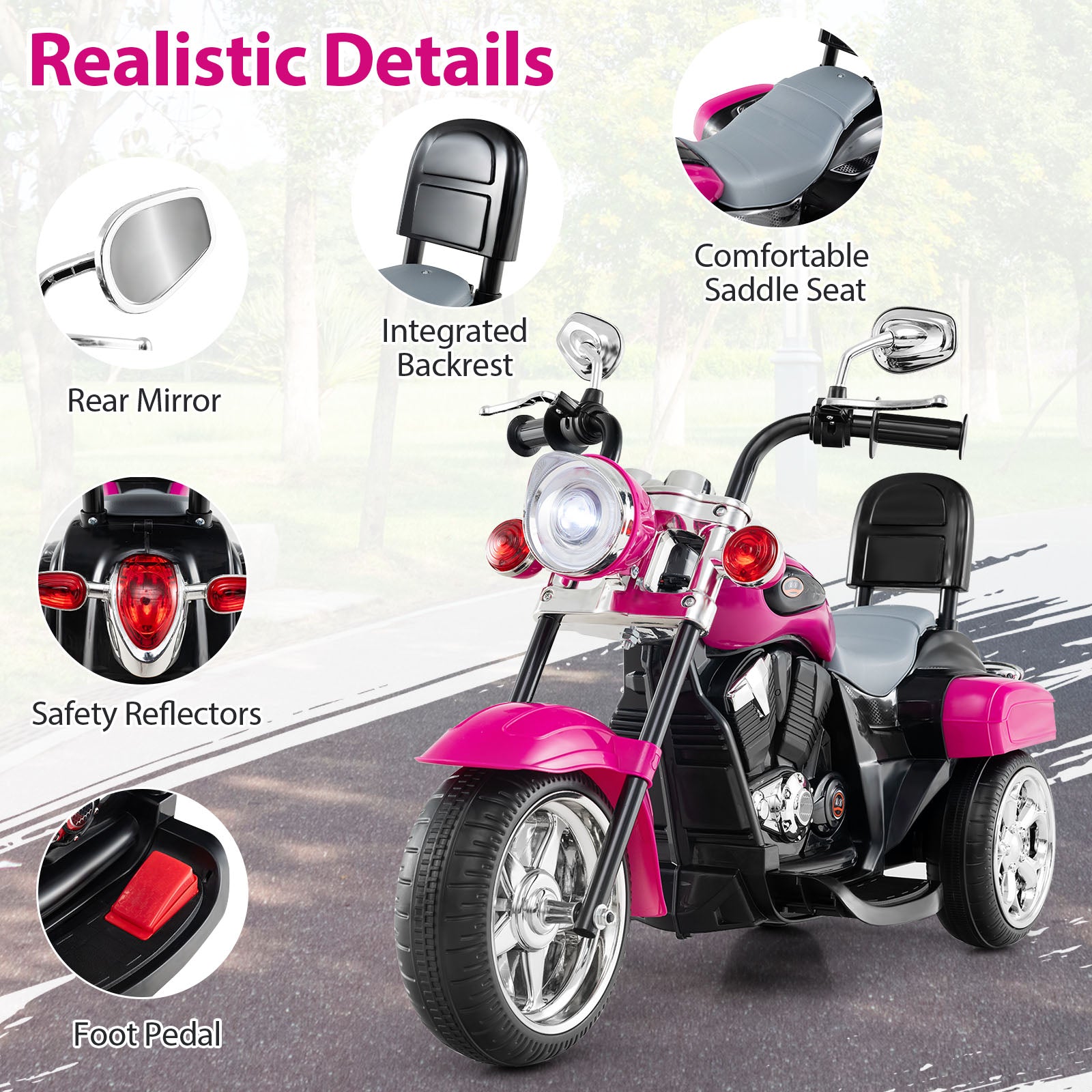 6V Powered Toddler 3-Wheel Motorbike Ride On Toy with Horn and Headlight, Hot Pink Powered Ride On Toys at Gallery Canada