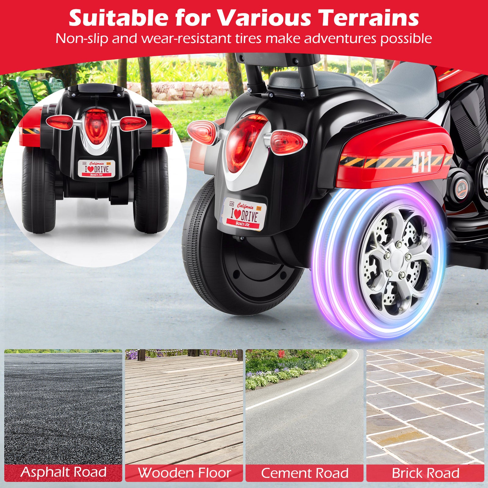 6V Powered Toddler 3-Wheel Motorbike Ride On Toy with Horn and Headlight, Black & Red Powered Ride On Toys at Gallery Canada