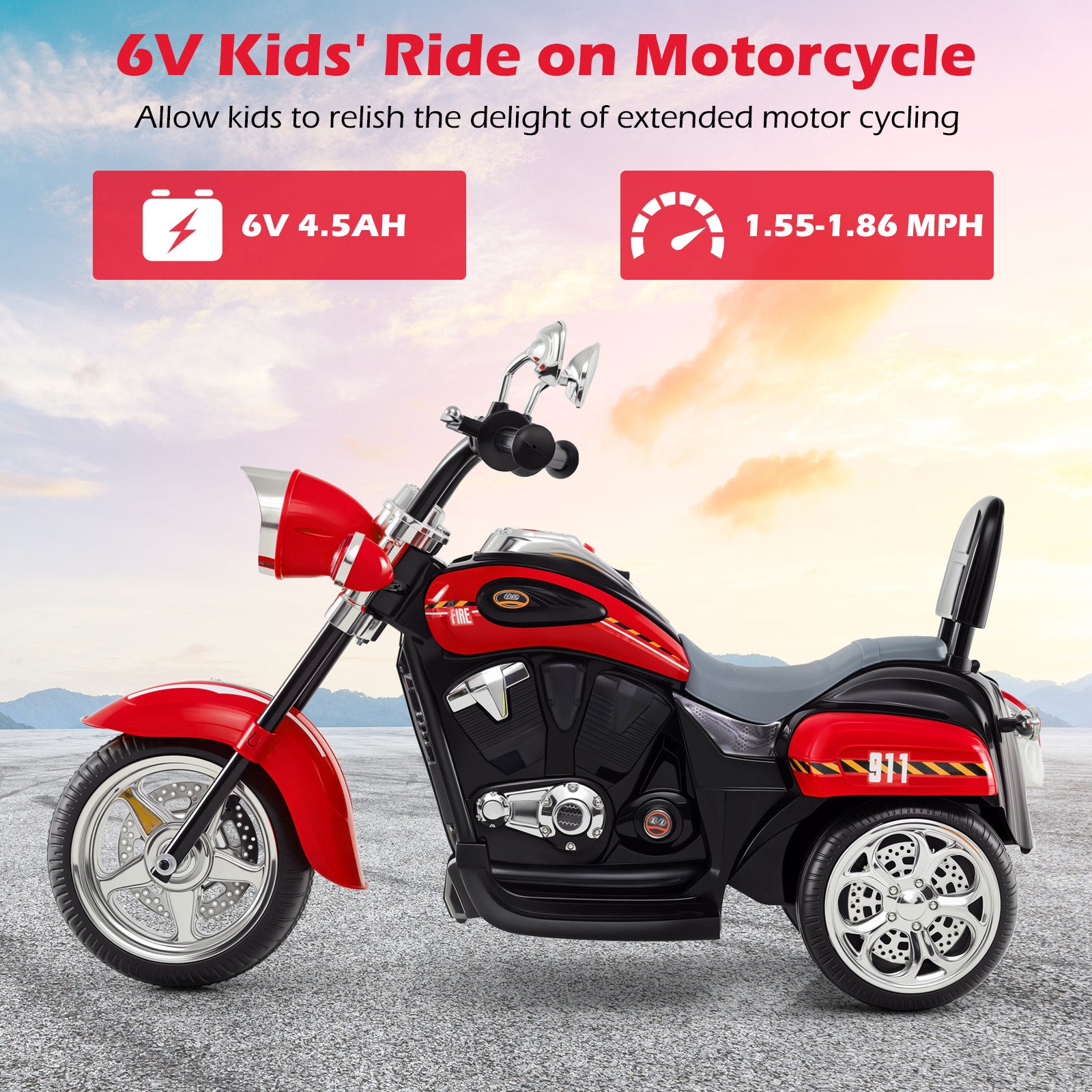6V Powered Toddler 3-Wheel Motorbike Ride On Toy with Horn and Headlight, Black & Red Powered Ride On Toys at Gallery Canada