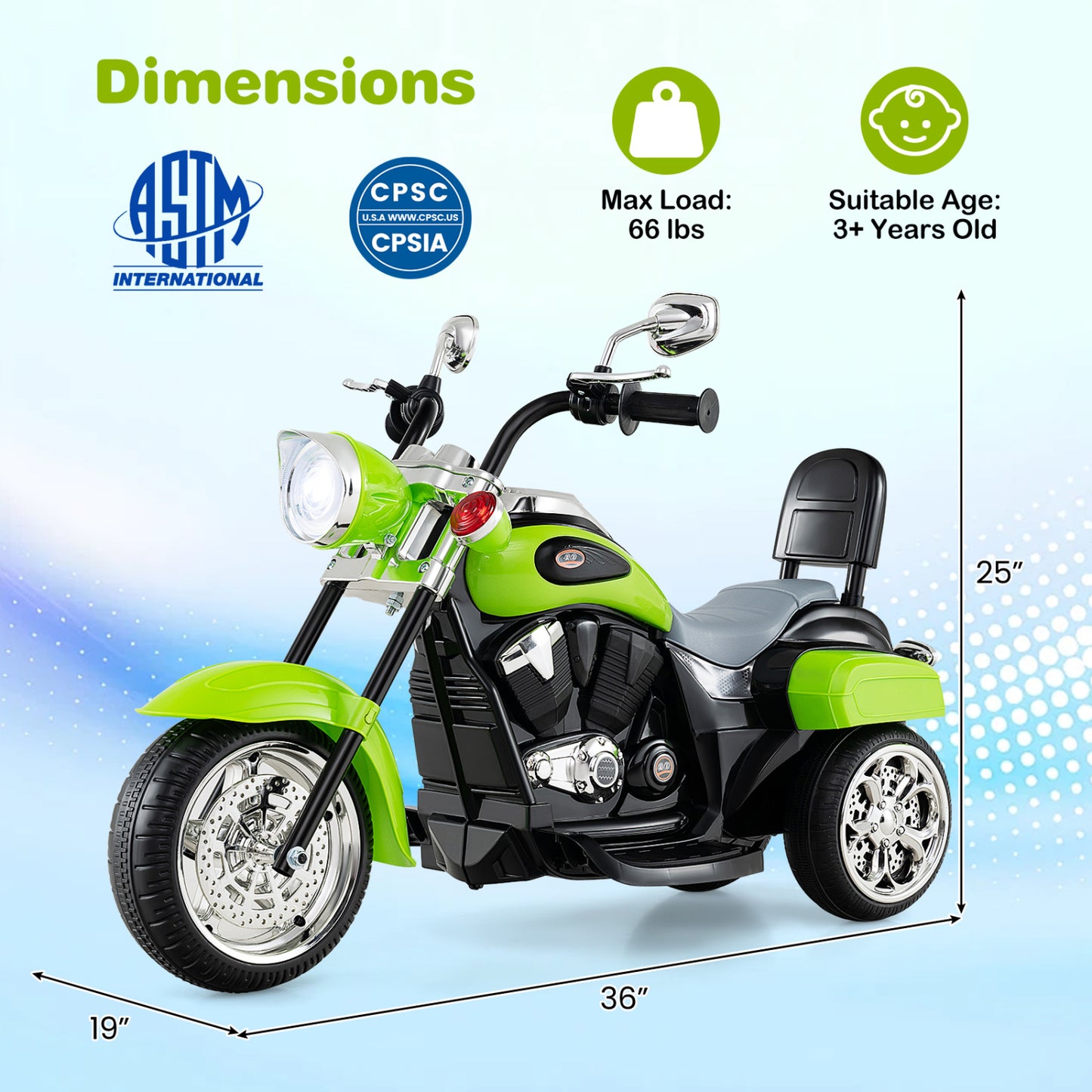 6V Toddler 3-Wheel Motorbike Ride On with Horn, Headlight, Green