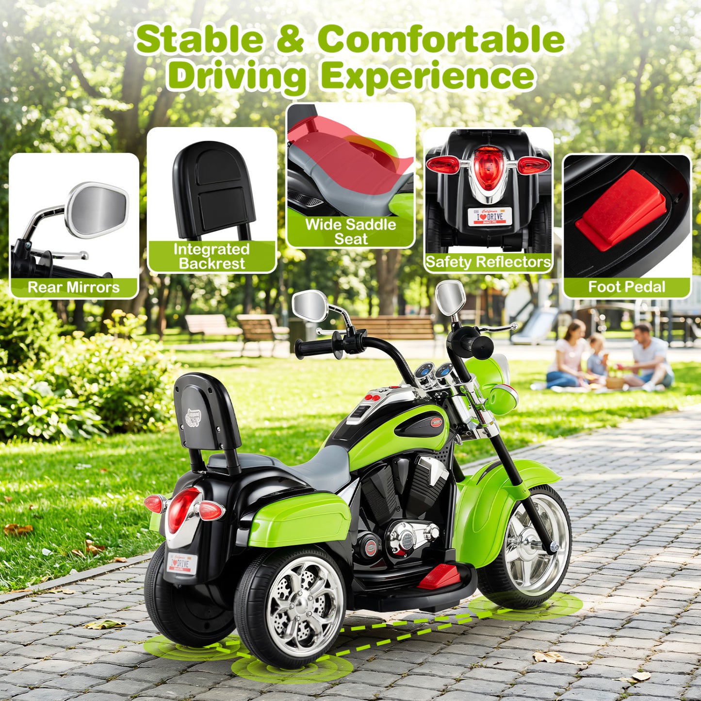 6V Toddler 3-Wheel Motorbike Ride On with Horn, Headlight, Green