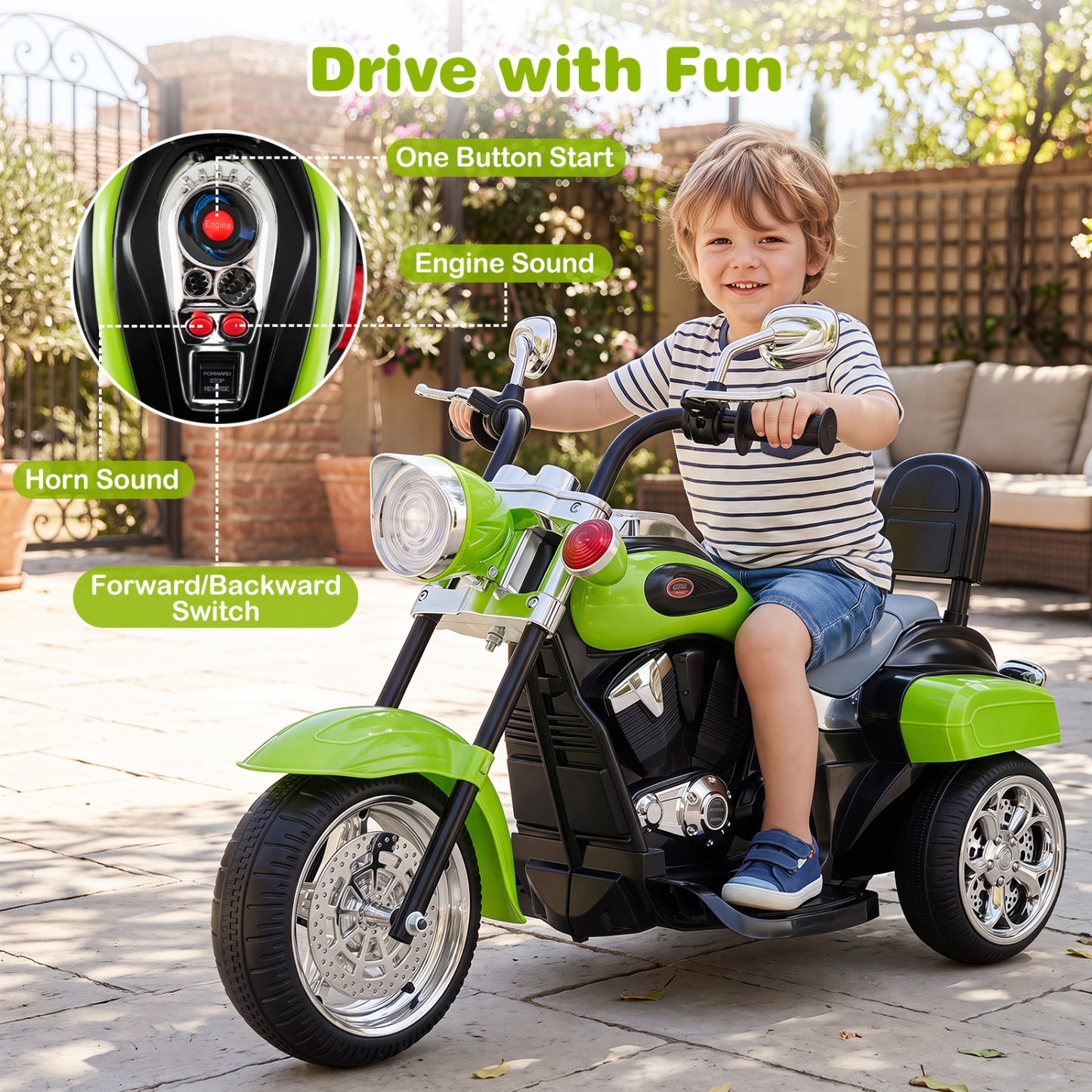 6V Toddler 3-Wheel Motorbike Ride On with Horn, Headlight, Green