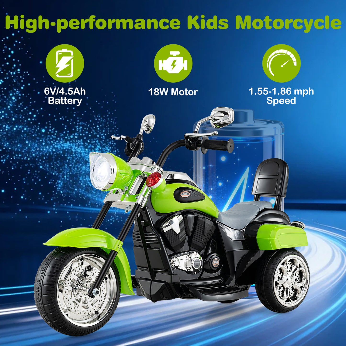 6V Toddler 3-Wheel Motorbike Ride On with Horn, Headlight, Green