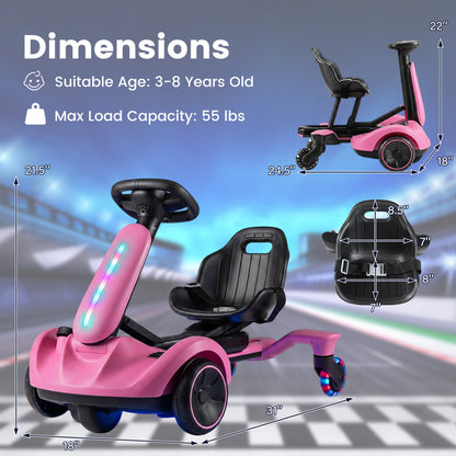 6V Ride-on Drift Car, Lights, Adjustable Seat, Pink