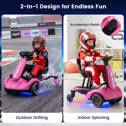 6V Ride-on Drift Car, Lights, Adjustable Seat, Pink