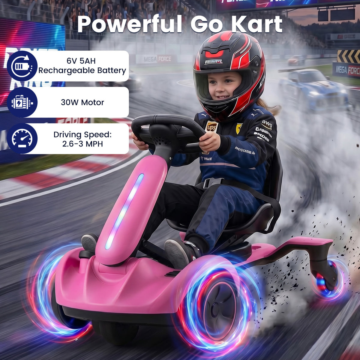 6V Ride-on Drift Car, Lights, Adjustable Seat, Pink