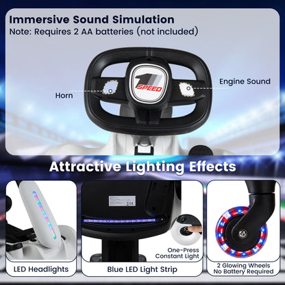 6V Ride-On Drift Car, Lights, Adjustable Seat, White