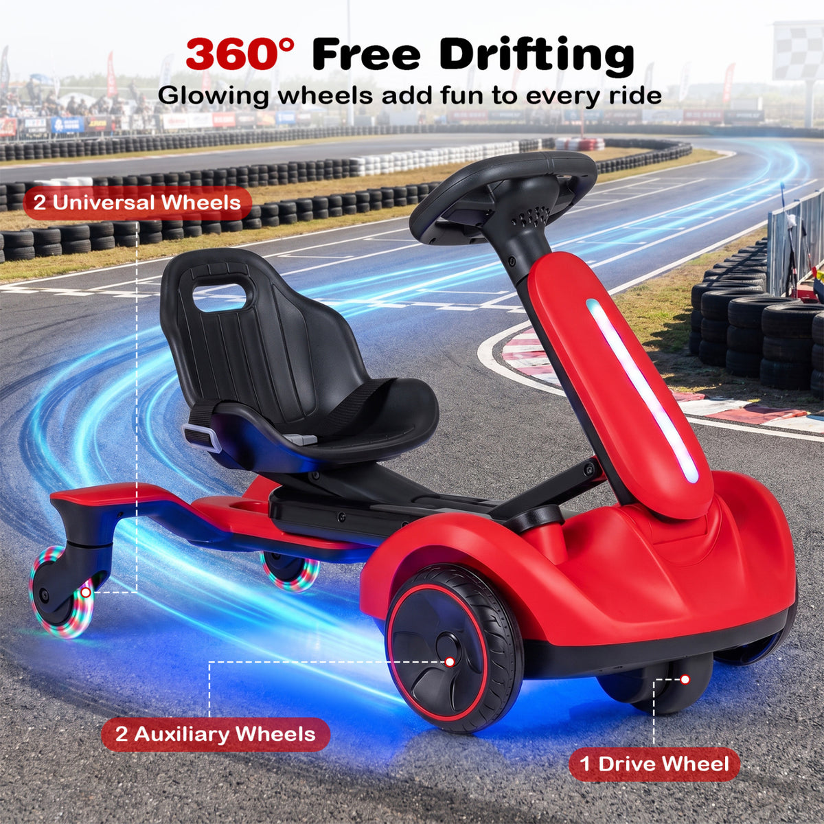 6V Ride-On Drift Car, Lights, Adjustable Seat, Red