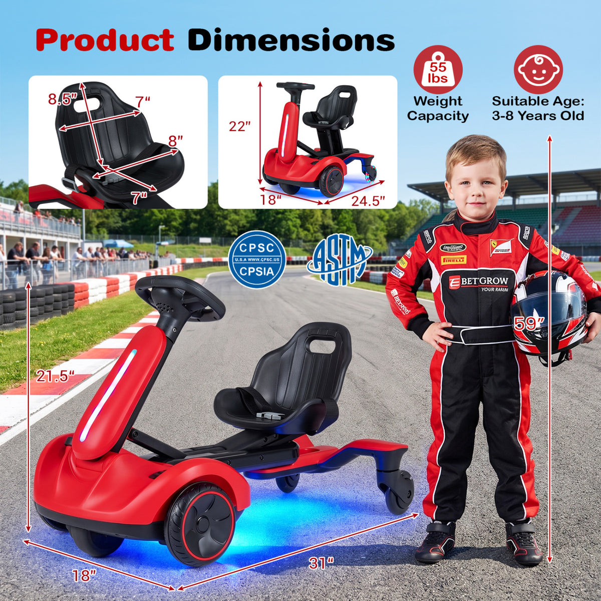 6V Ride-On Drift Car, Lights, Adjustable Seat, Red