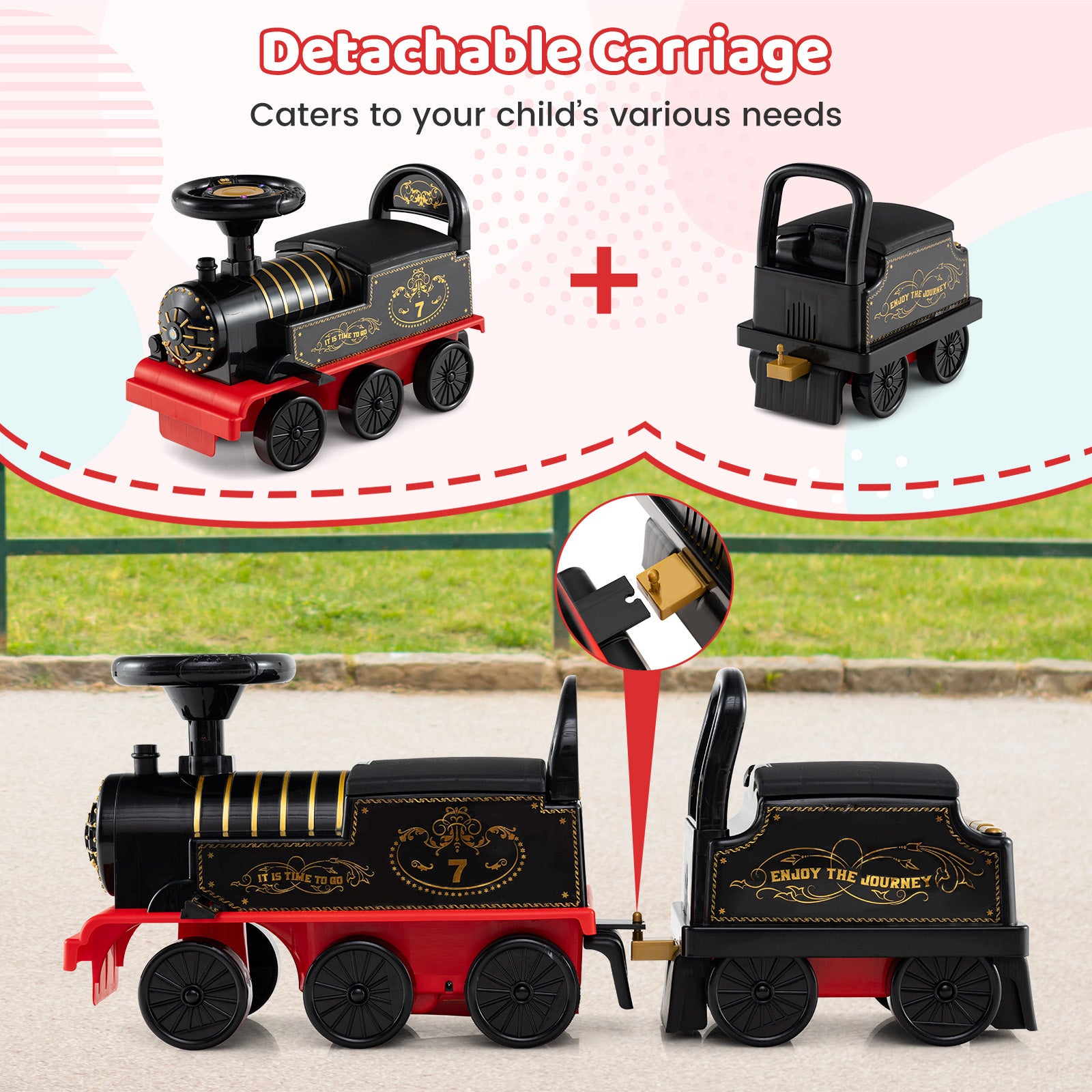 6V Ride On Train, 2-Seater With Carriage, Flashing LED Lights, Black Powered Ride On Toys at Gallery Canada