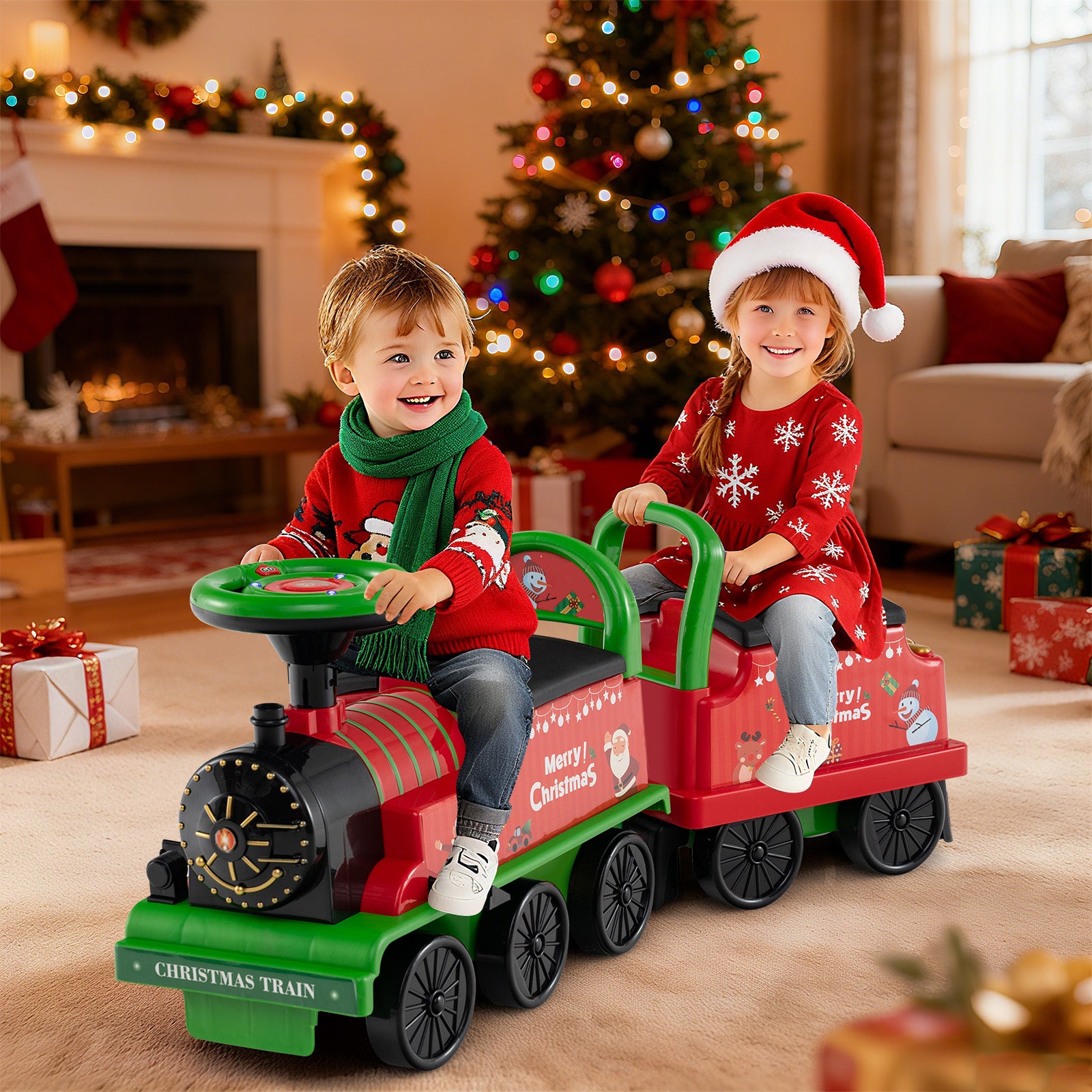 6V Ride On Train 2-Seater With Carriage, Flashing LED Lights, Green Powered Ride On Toys at Gallery Canada
