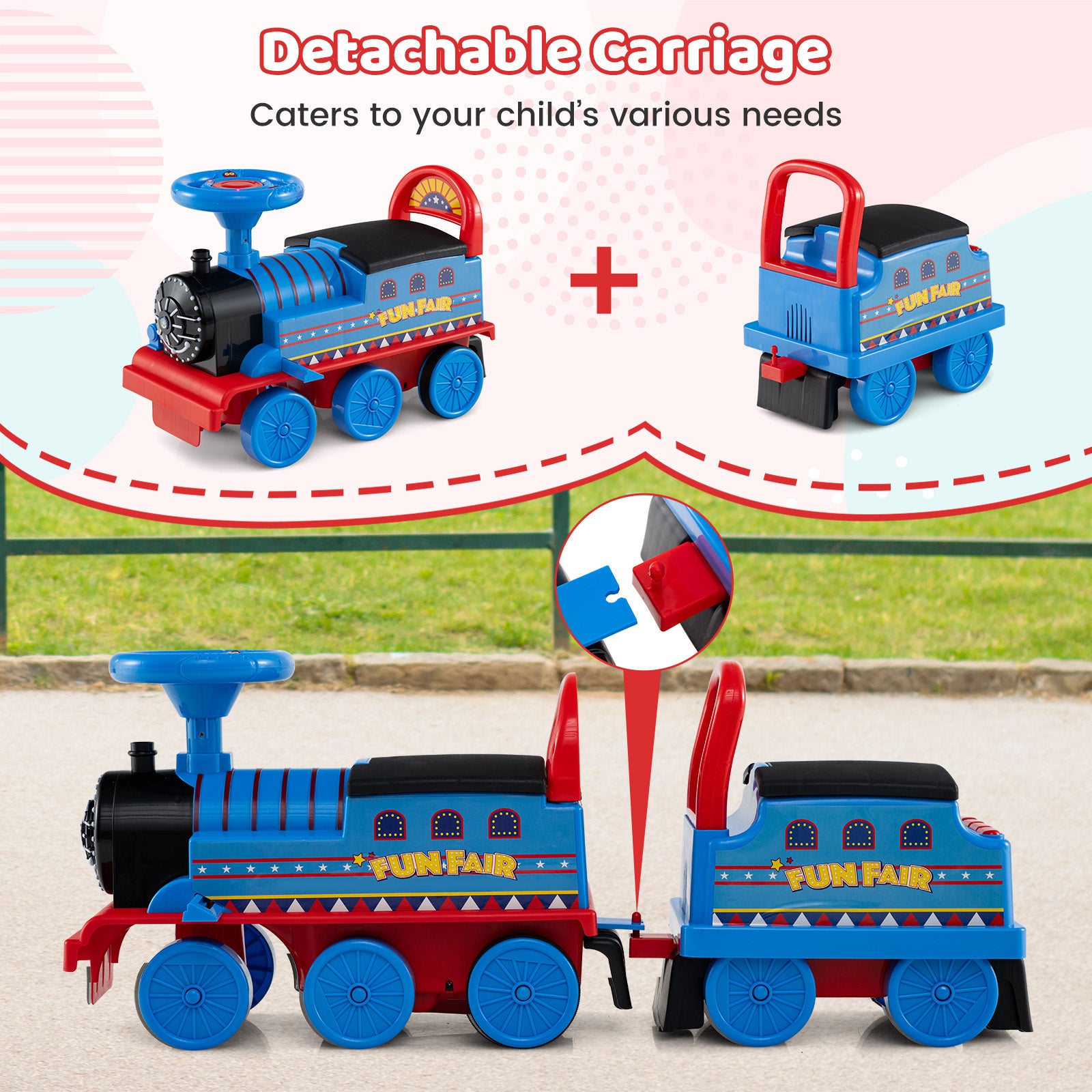 6V Ride On Train 2-Seater, Carriage, Flashing LED Lights, Blue Powered Ride On Toys at Gallery Canada