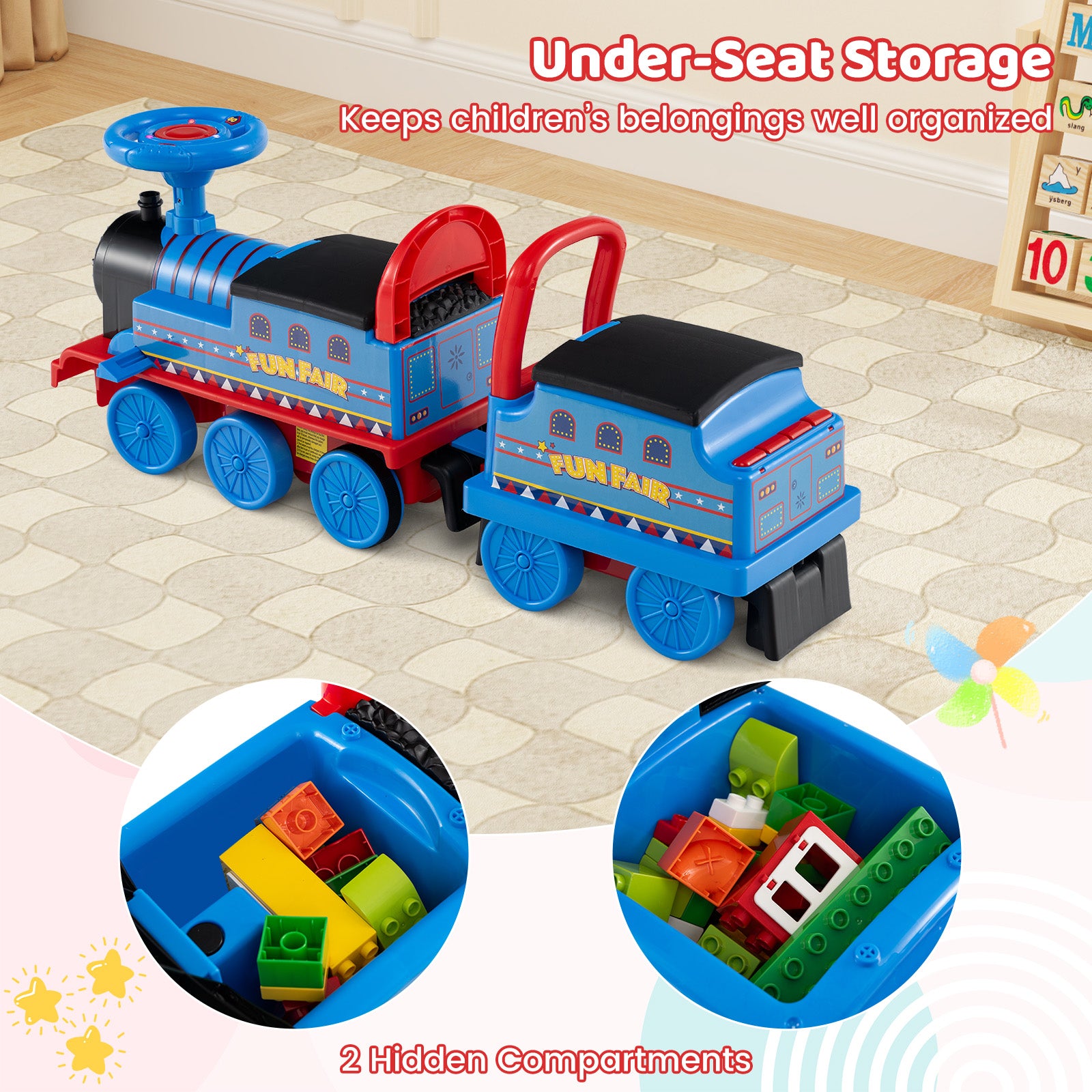 6V Ride On Train 2-Seater, Carriage, Flashing LED Lights, Blue Powered Ride On Toys at Gallery Canada