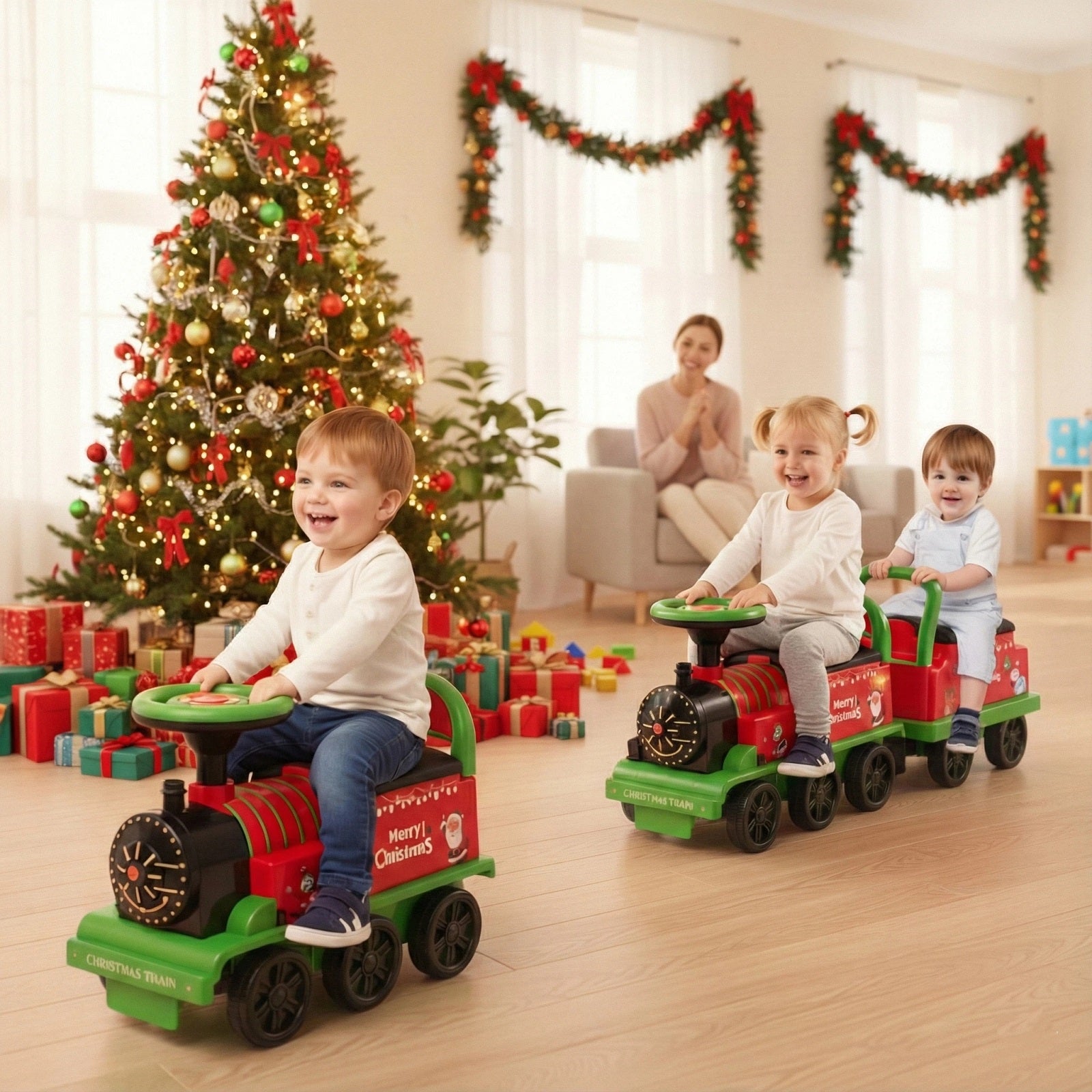 6V Toddler Ride On Train Combo: Track Ride & 2-Seater Carriage Set, Green Powered Ride On Toys Green at Gallery Canada