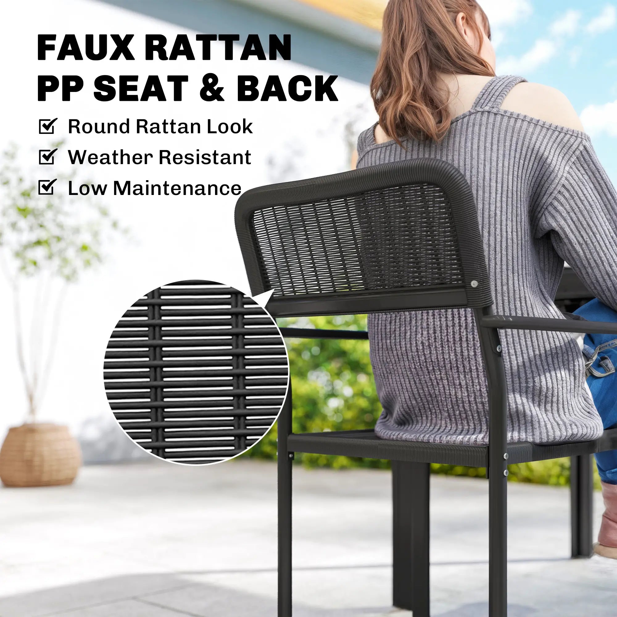 Outdoor Dining Set For 4, Faux Wood Metal Patio Table, Stackable Chairs, Black Outdoor Dining Sets at Gallery Canada
