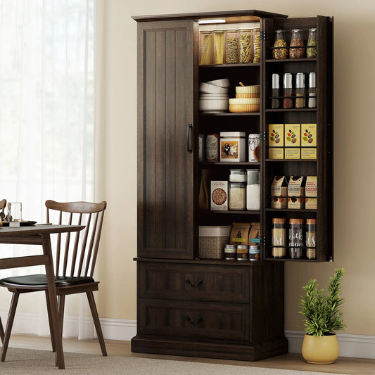 72" Kitchen Pantry Cabinet, 10 Shelves, 2 Drawers, Brown Kitchen Pantry Cabinets at Gallery Canada