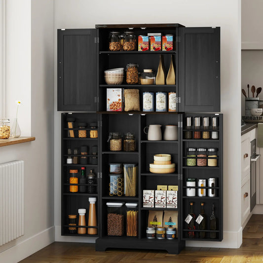 64" Tall Kitchen Pantry Cabinet, Spice Racks, Adjustable Shelves, Black Kitchen Pantry Cabinets Black Wood Grain at Gallery Canada
