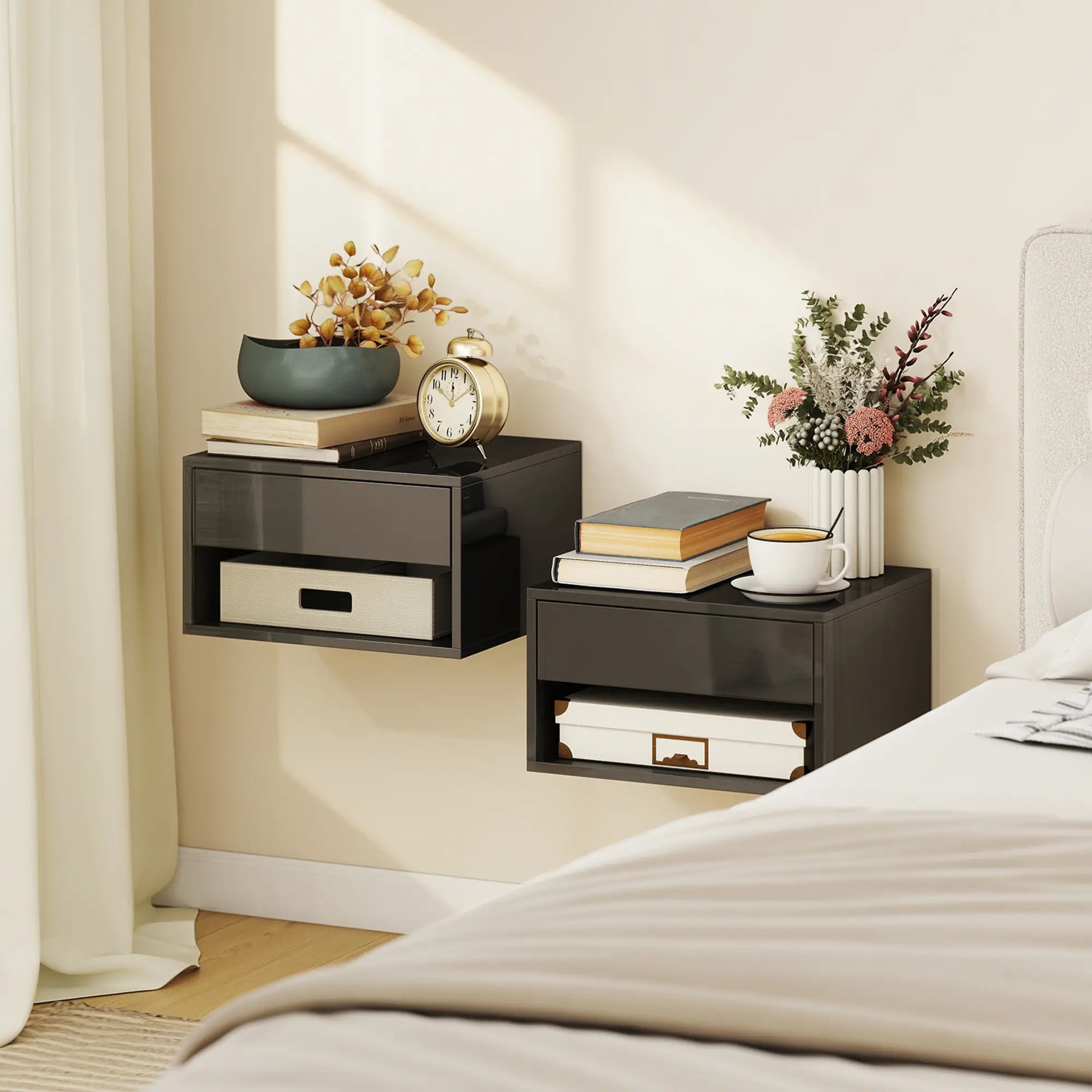 Floating Bedside Tables, Wall-Mounted Nightstand, High Gloss Black Bedside Tables at Gallery Canada